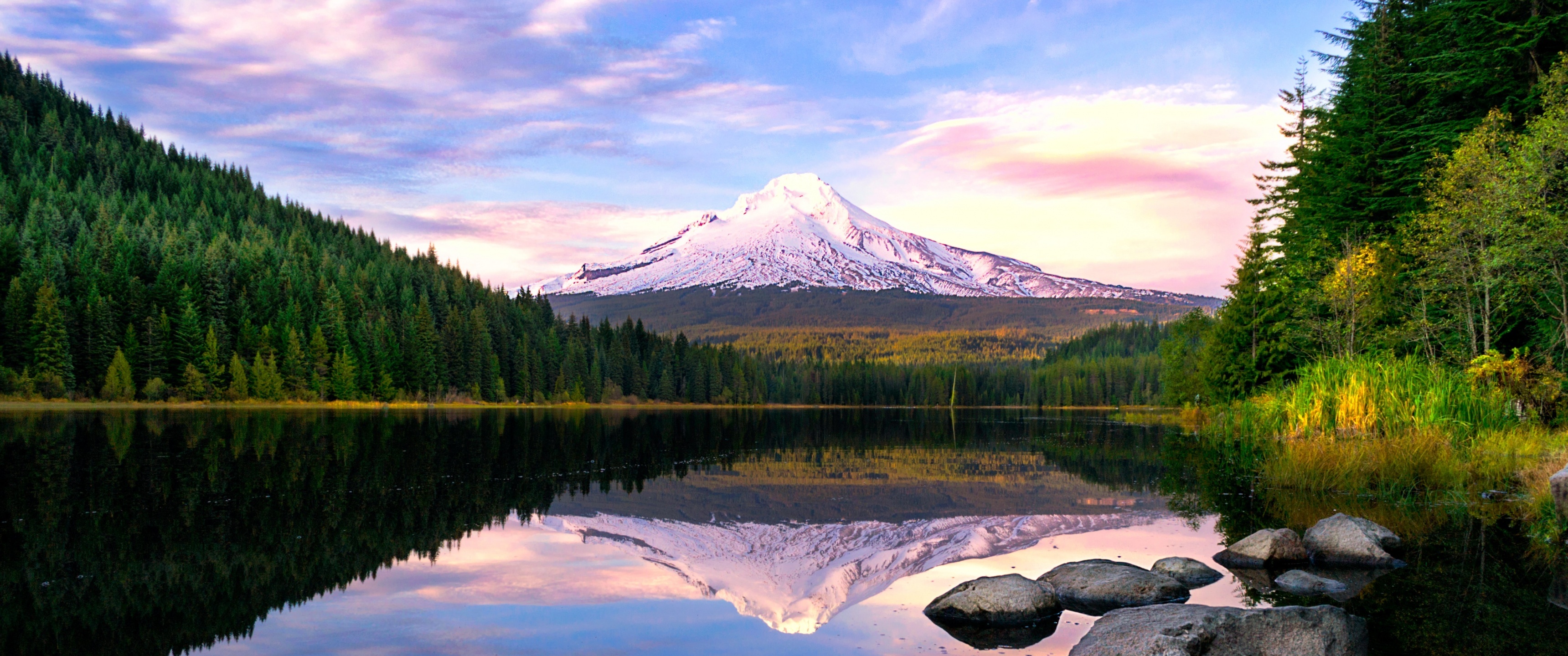 Mount Hood, Oregon, Travels, Trillium lake wallpaper, Pine trees forest, 3440x1440 Dual Screen Desktop
