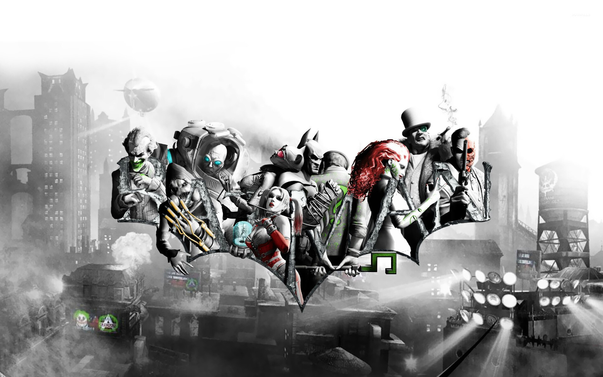 Batman: Arkham City: The Joker, Harley Quinn, Catwoman, Mr. Freeze, Poison Ivy, Two-Face. 1920x1200 HD Background.