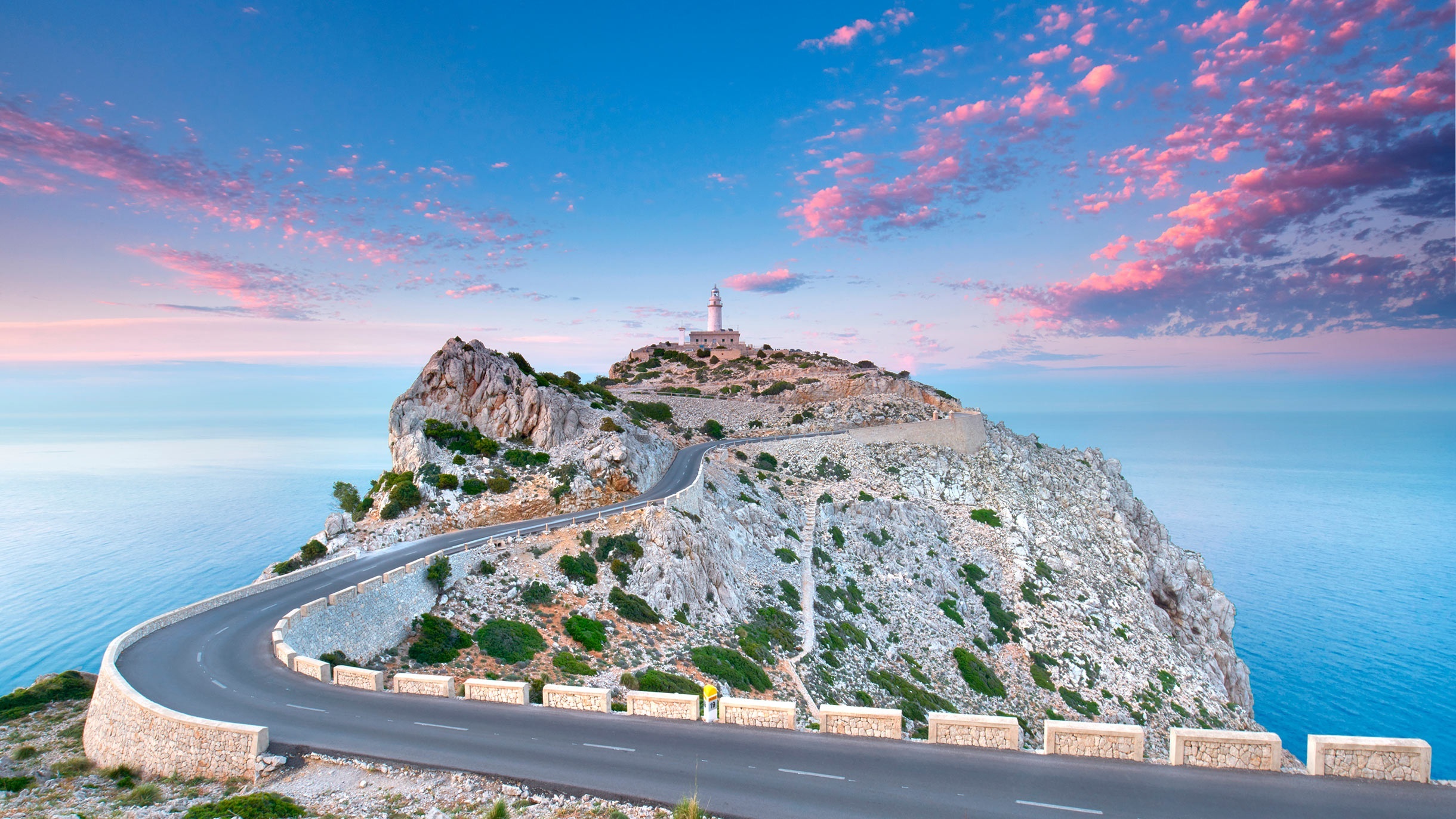 Cloud lighthouse, Mallorca road, Sea Spain, Wallpaper resolution, 2440x1380 HD Desktop