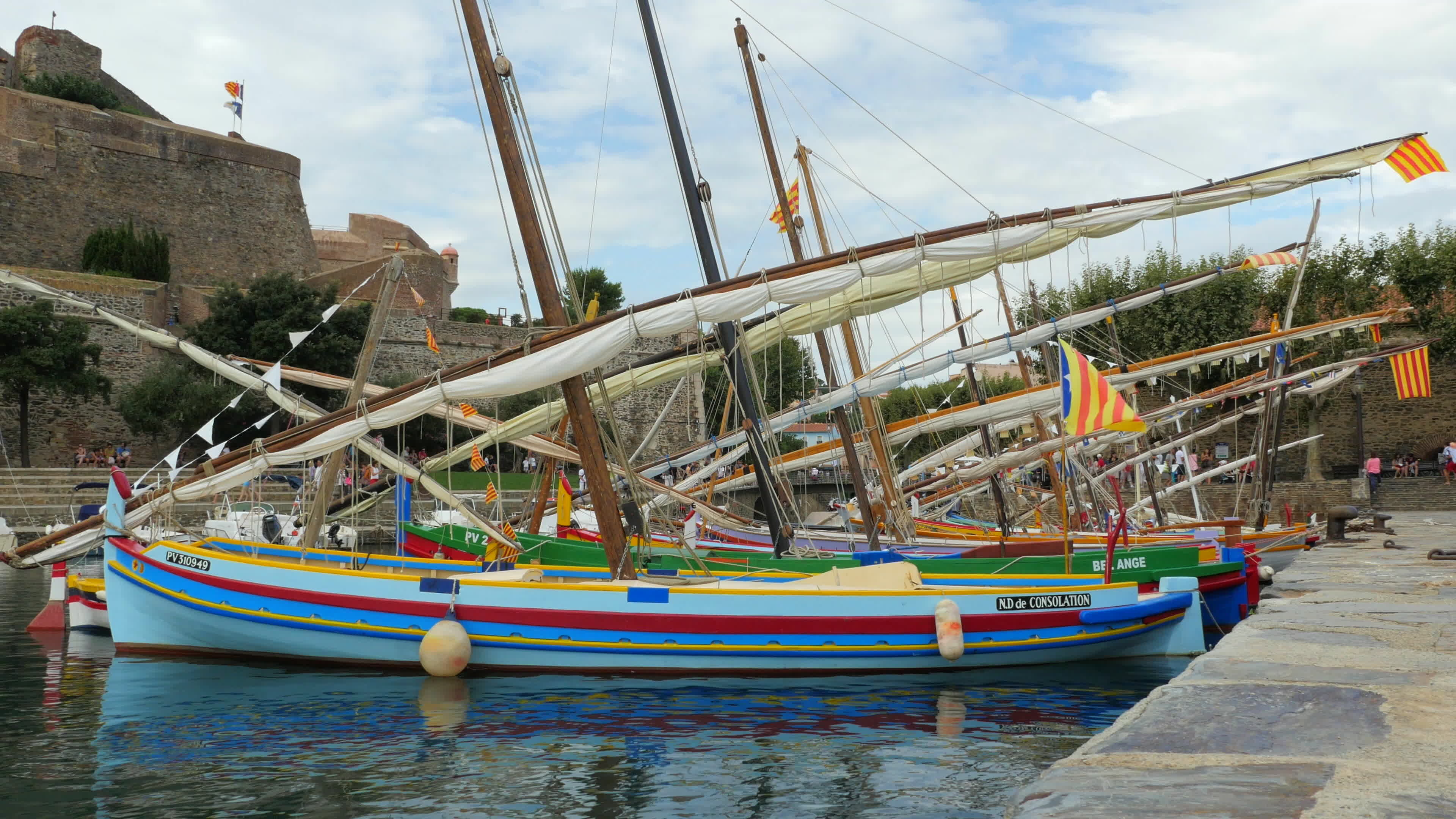 Boat: Traditional colorful small watercraft, Collioure Harbor, France. 3840x2160 4K Wallpaper.