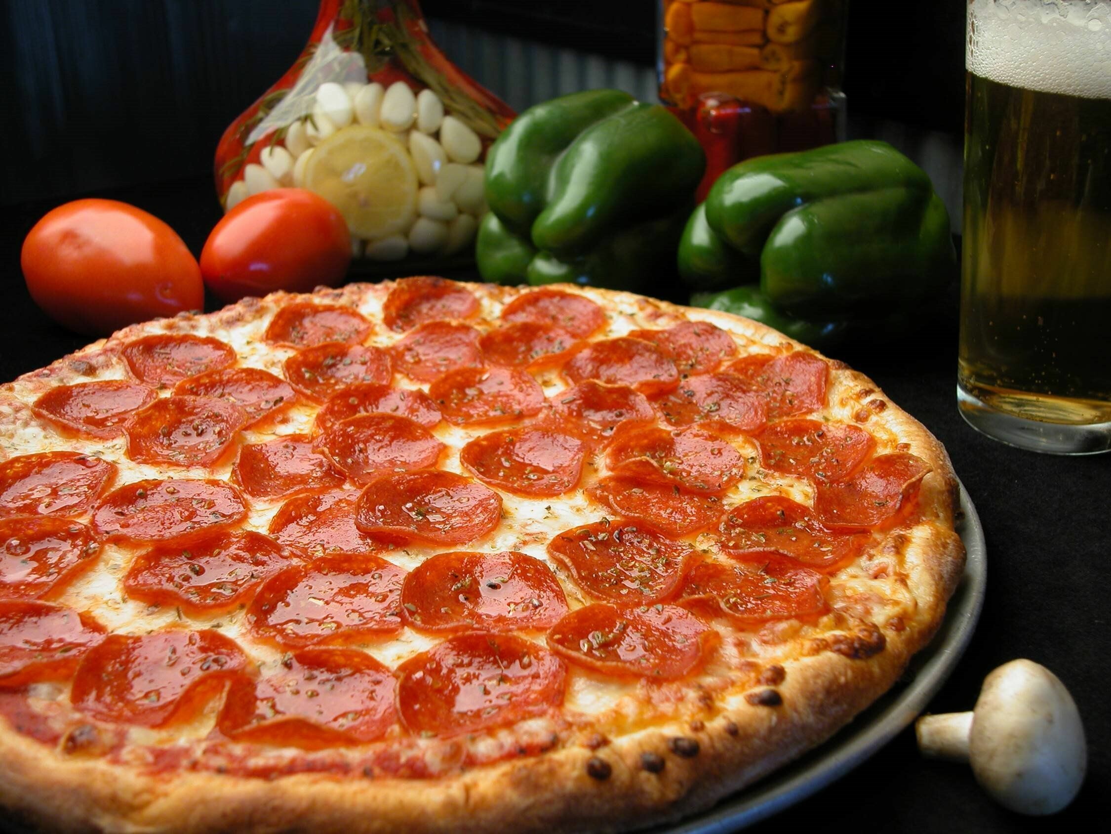 Pizza: A dish made typically of flattened bread dough, Pepperoni. 2250x1690 HD Background.