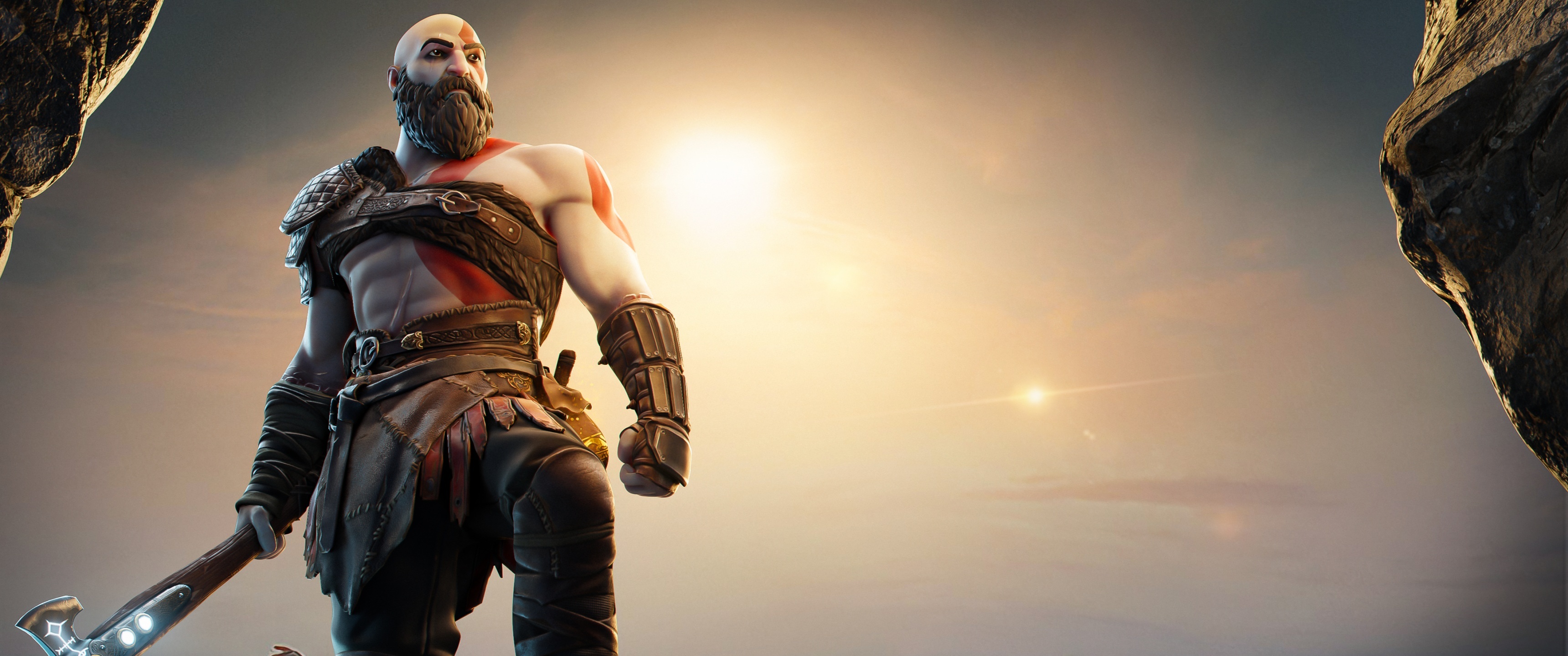 Kratos wallpaper 4K, God of War Fortnite skin, Gaming crossover, 3440x1440 Dual Screen Desktop