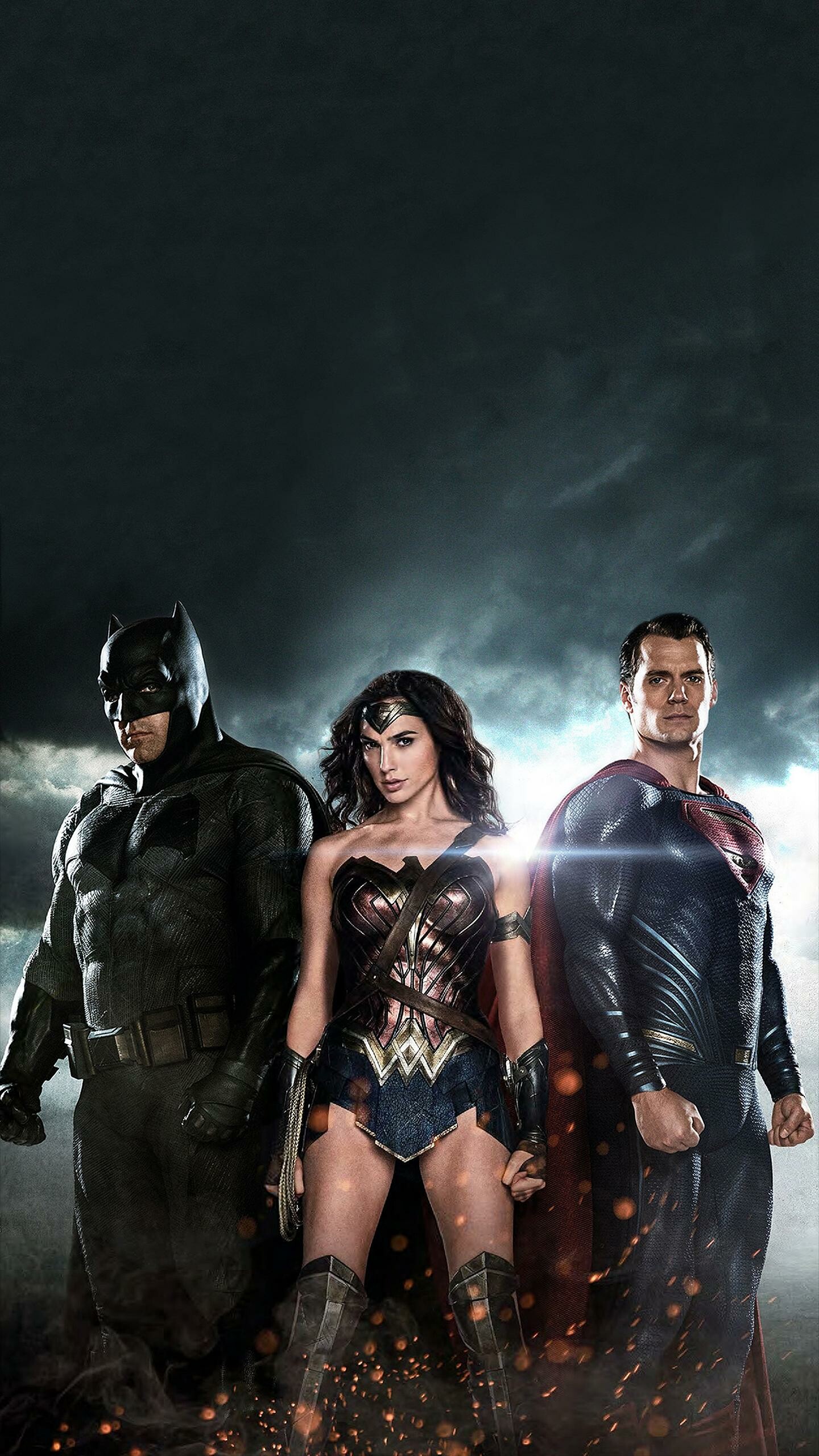 DC Heroes: Ben Affleck as Batman, Henry Cavill as Superman, Gal Gadot as Wonder Woman. 1440x2560 HD Background.