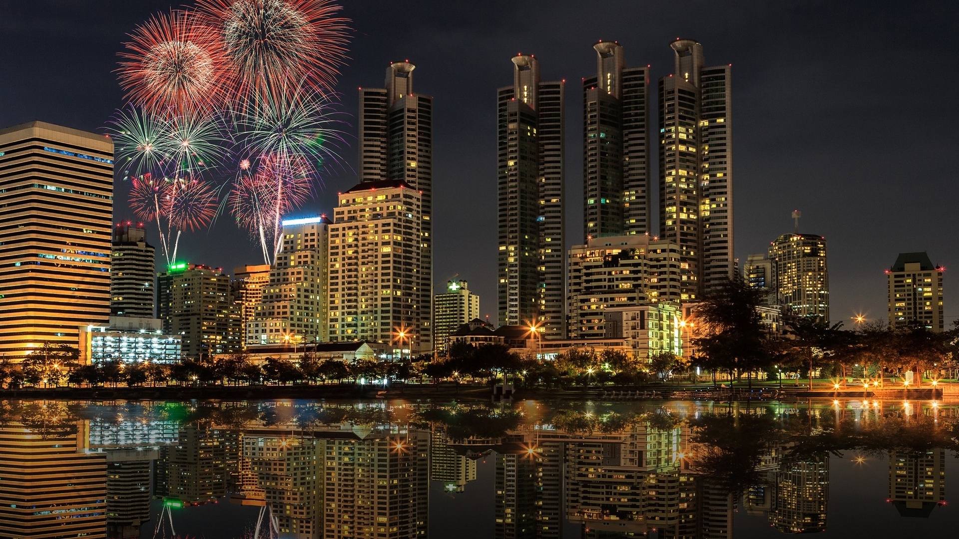Bangkok: Benjakitti Park, Fireworks, Thai. 1920x1080 Full HD Wallpaper.
