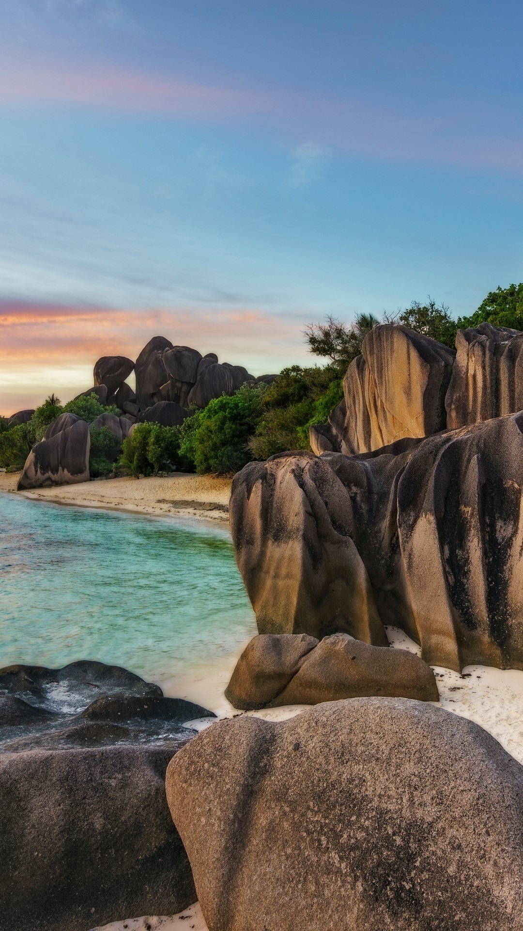 Sunset over rocks, Anse Source Dargent, La Digue Island, Seychelles, 1080x1920 Full HD Handy