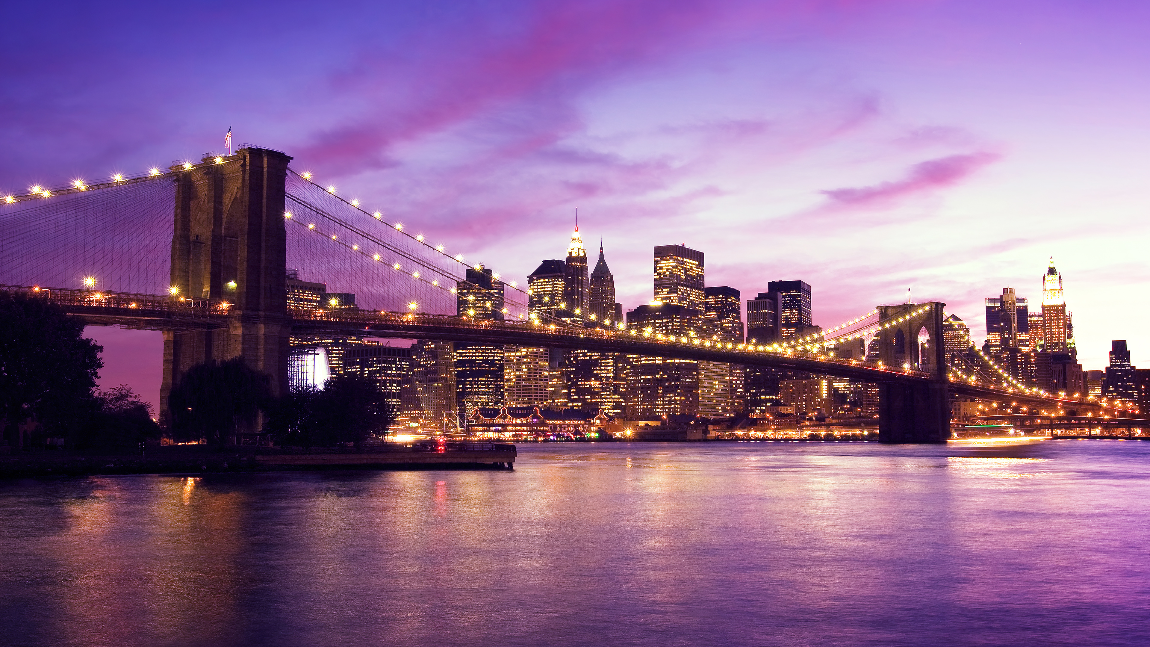 Brooklyn Bridge, Purple tint, Speedskater, R wallpapers, 3840x2160 4K Desktop