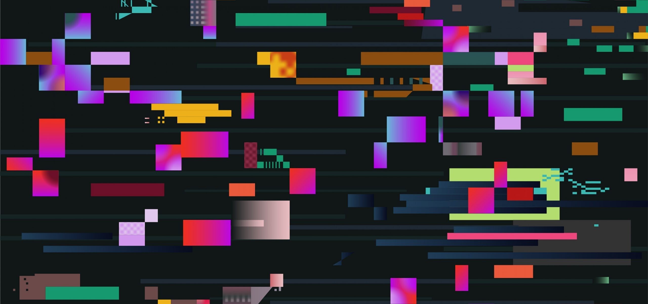 Glitch: Multicolored quadrilaterals, Squares, Rectangles, Corrupt digital data. 2560x1210 Dual Screen Wallpaper.