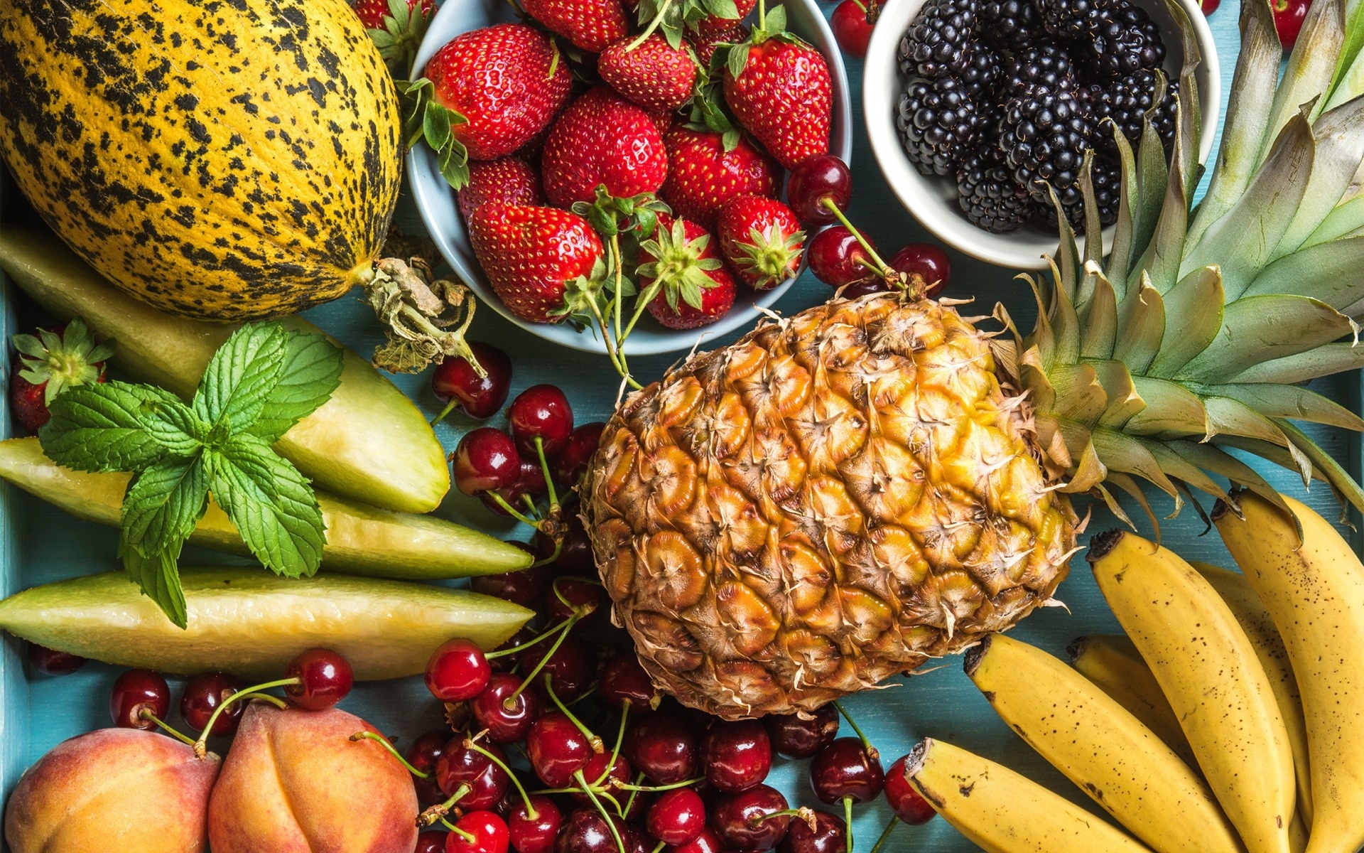 Pineapple: Delicious, healthy tropical fruit, Blackberries, Strawberries, Cherries, Bananas. 1920x1200 HD Background.