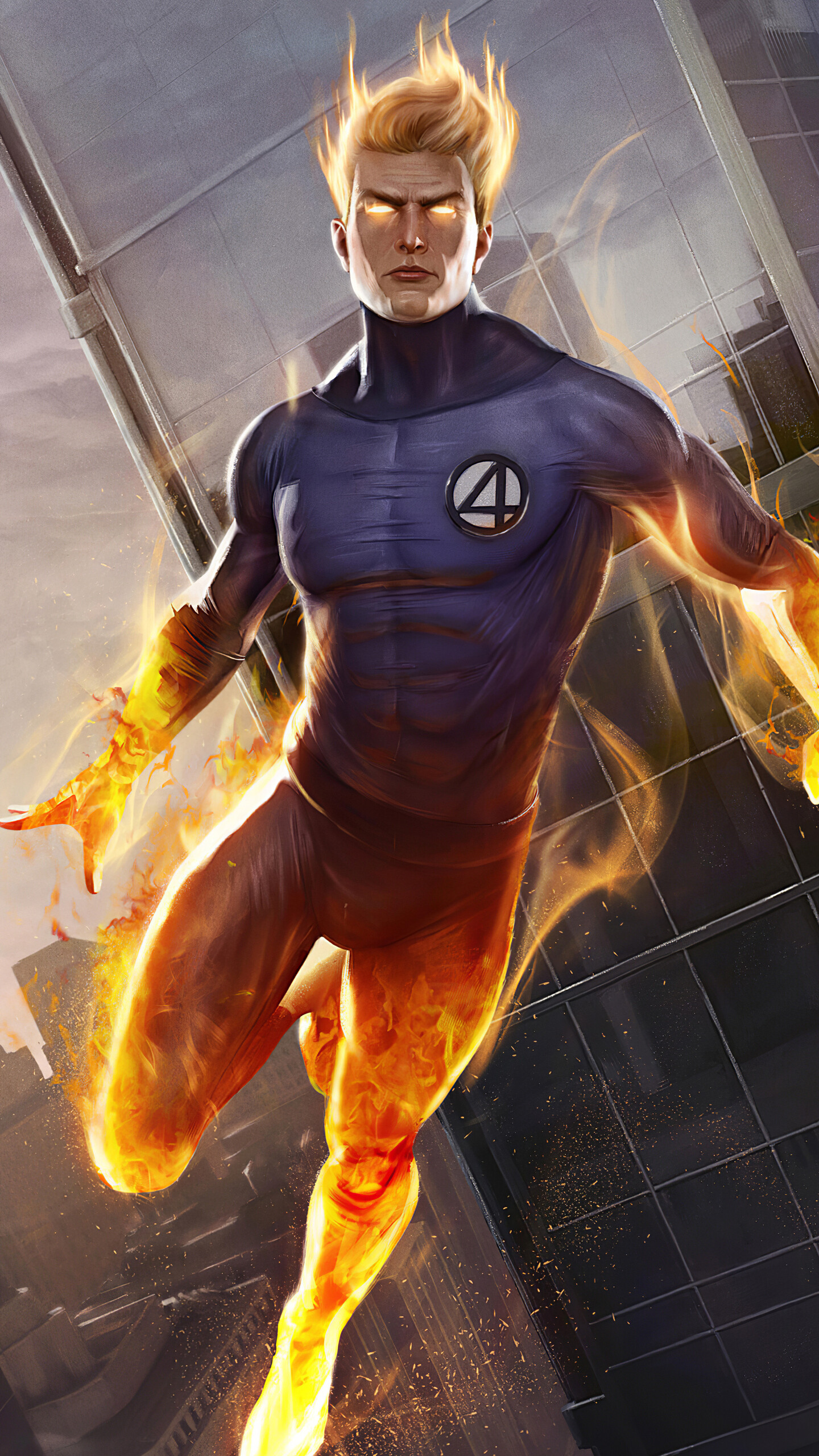 Human Torch: Gained his powers on a spacecraft bombarded by cosmic rays. 1440x2560 HD Background.