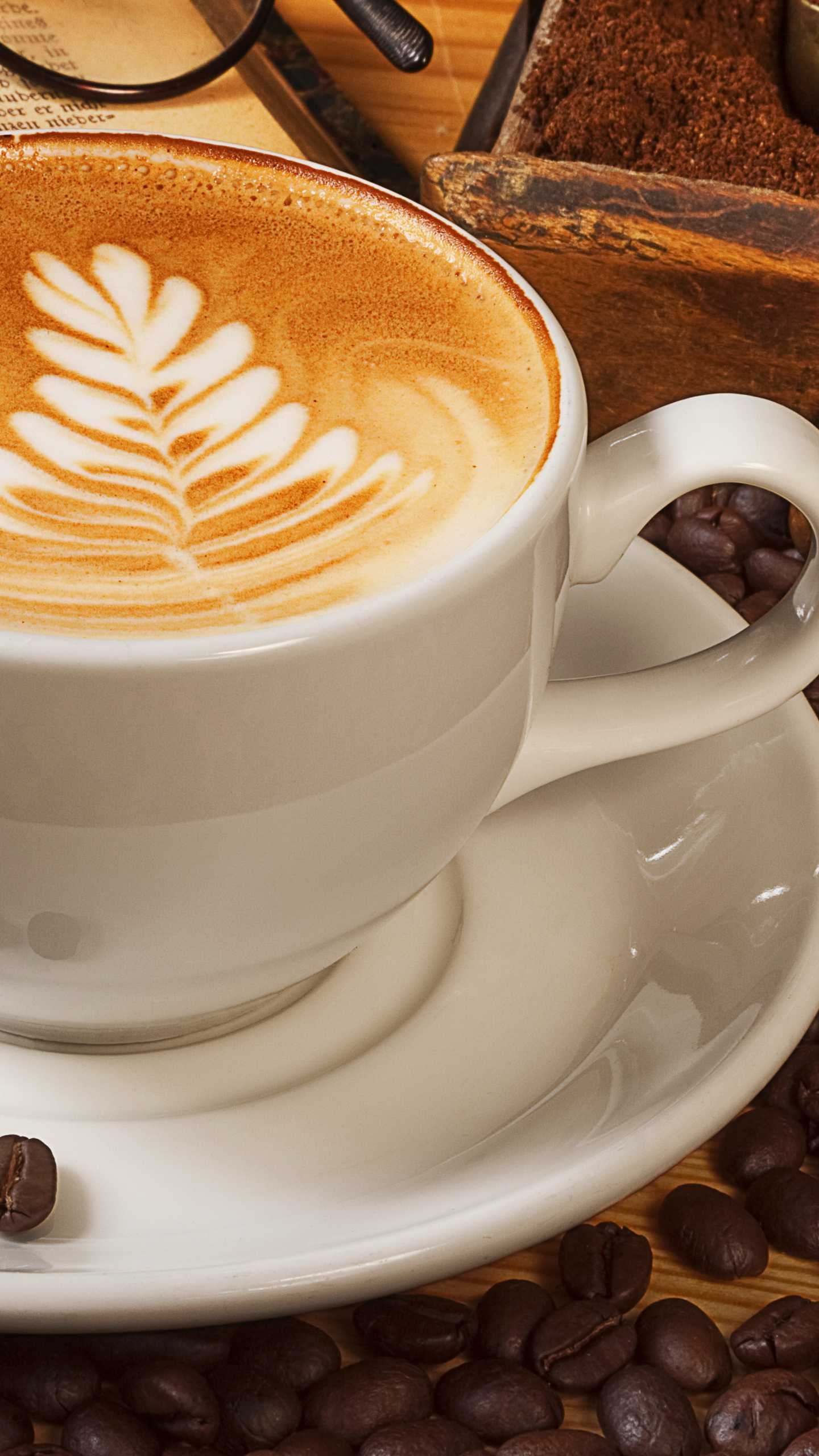 Coffee: Cappuccino, The surface topped with foamed milk. 1440x2560 HD Wallpaper.