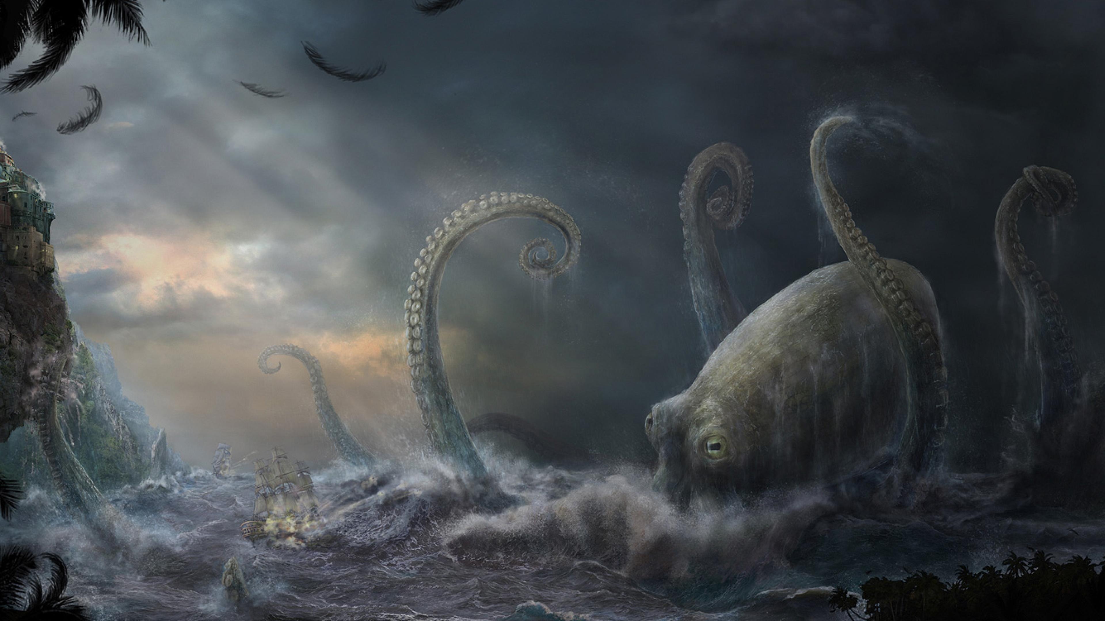 Kraken creature art, Dark fantasy wallpaper, Mysterious sea entity, Mythical monster, 3840x2160 4K Desktop