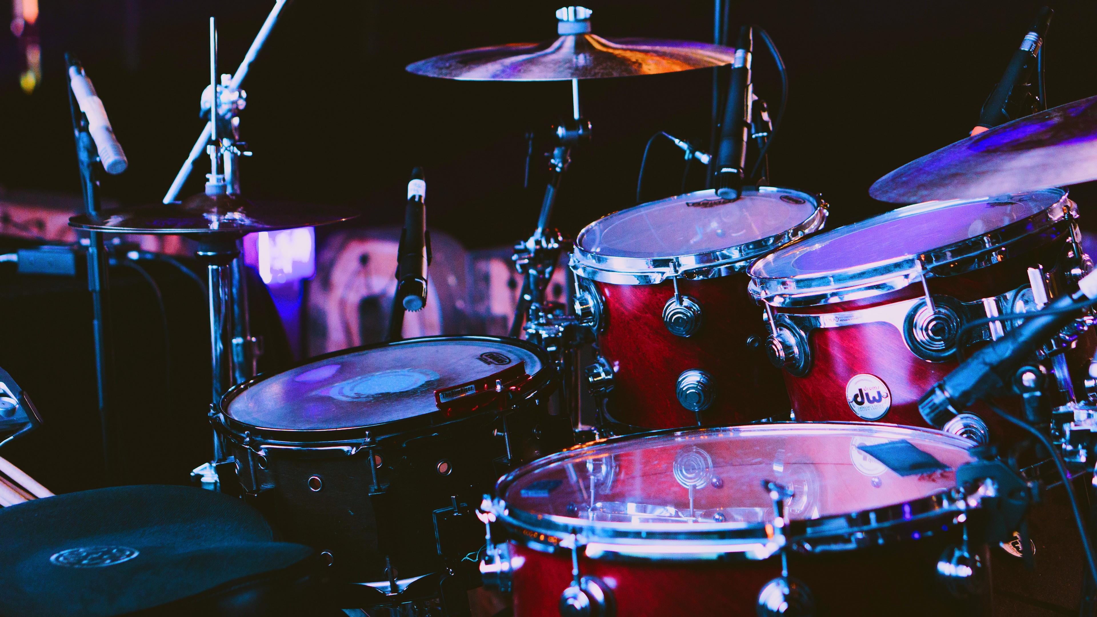 Drums: Instruments Prepared For The Concert, Band Playing, Show, Performance. 3840x2160 4K Background.