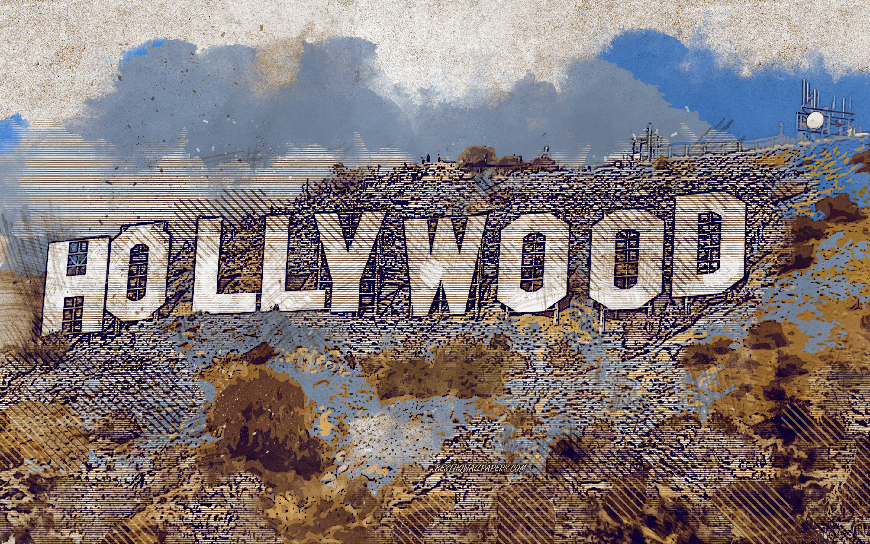 Hollywood Sign: Los Angeles, California, USA, Santa Monica Mountains, Grunge art. 2880x1800 HD Background.