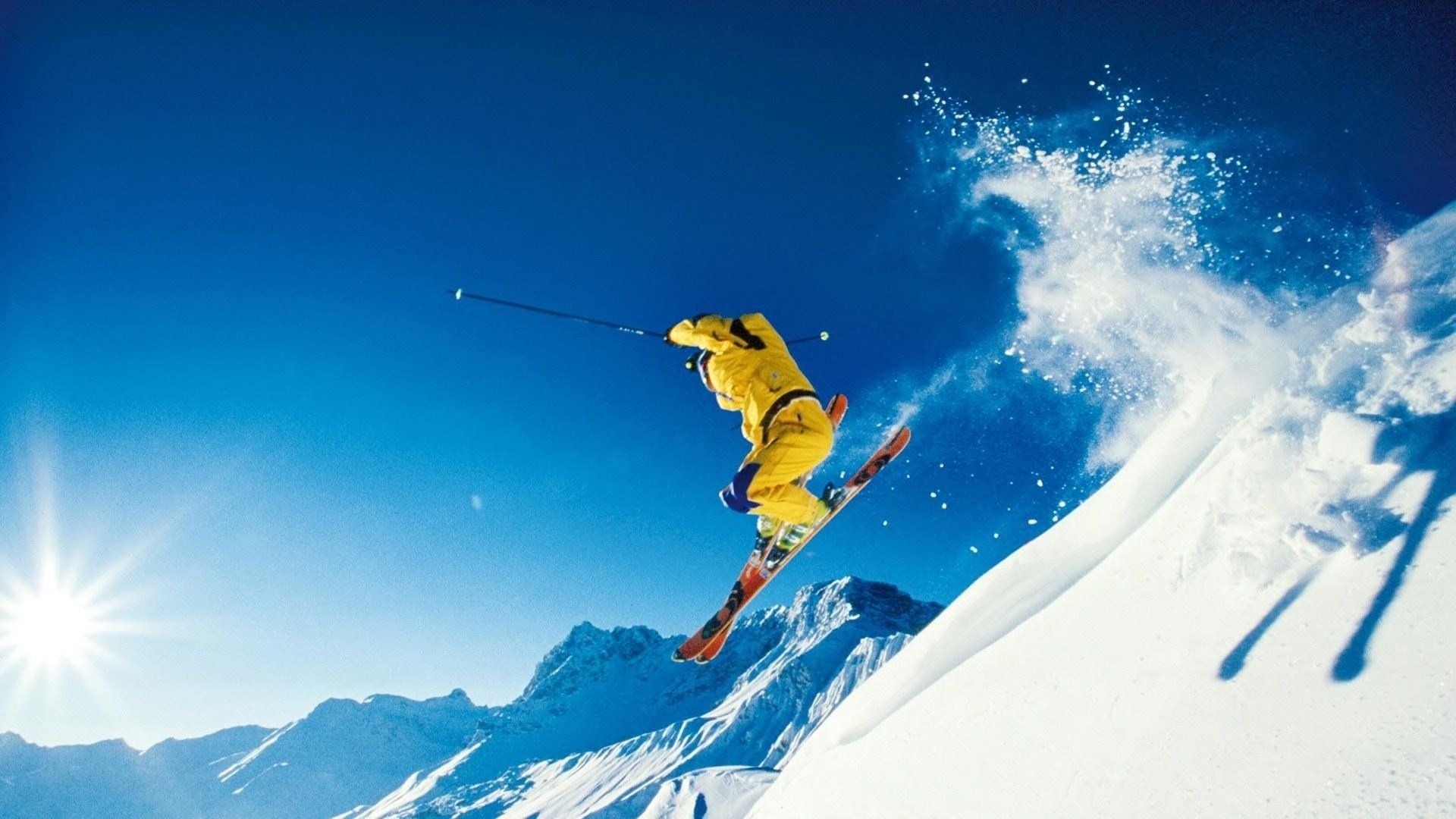 Alpine Skiing: Extreme sports, Cyclic winter sports, Passing the distance on a snow track. 1920x1080 Full HD Background.