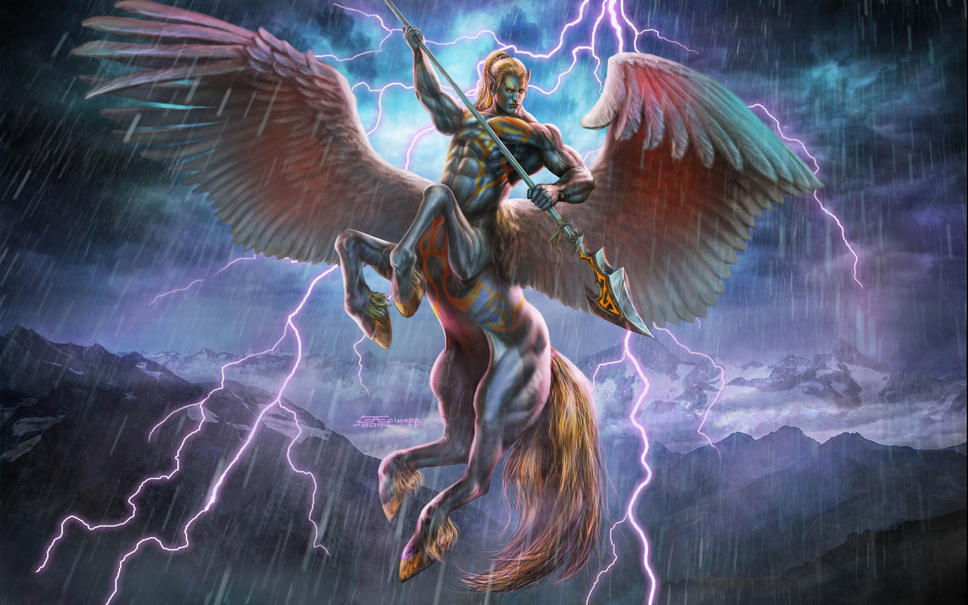Pegasus centaur, Lightning rain, Fantasy art, Electrifying imagery, 1920x1200 HD Desktop