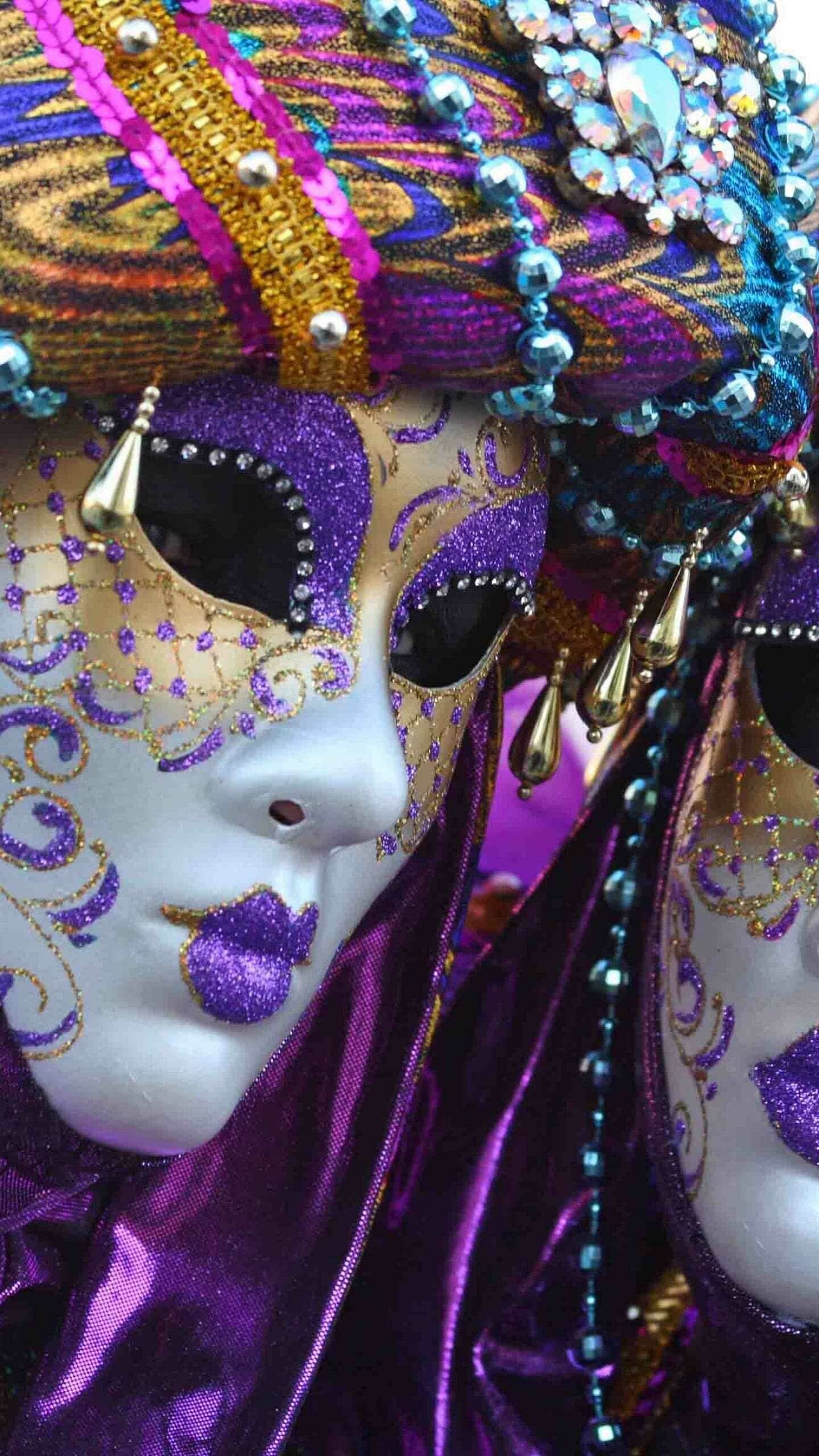 Carnival: Mardi Gras, Celebration, beginning on or after the Christian feasts of the Epiphany and culminating on the day before Ash Wednesday. 1440x2560 HD Background.