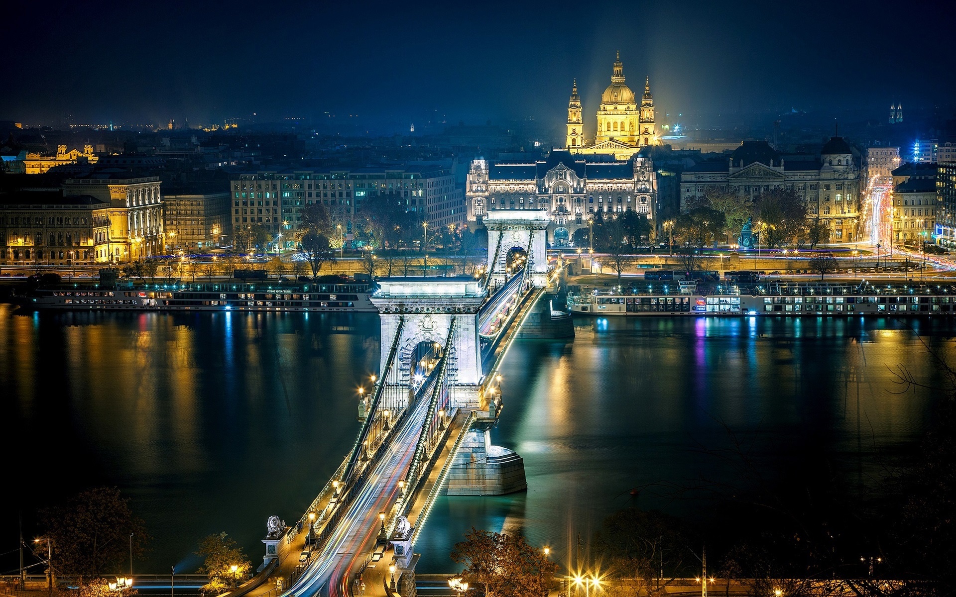 Danube River, Szechenyi Chain Bridge, Budapest at night, City lights, 1920x1200 HD Desktop