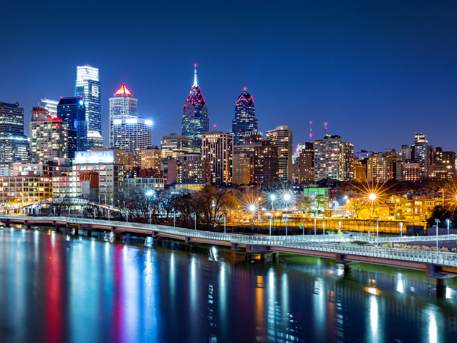 Philadelphia cityscape, Schuylkill River, Nighttime reflection, Urban serenity, 1920x1440 HD Desktop
