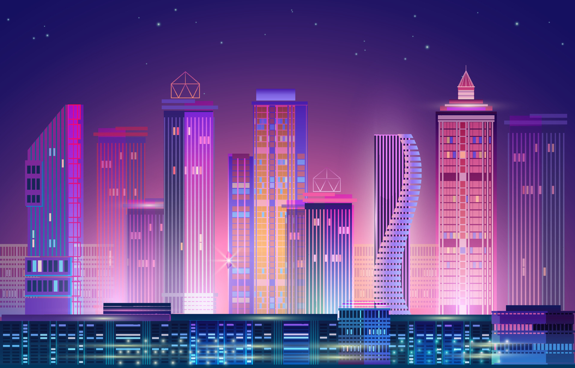 Neon-lit cityscape, Nighttime panorama, Dark background glow, Vector artistry, 1920x1230 HD Desktop