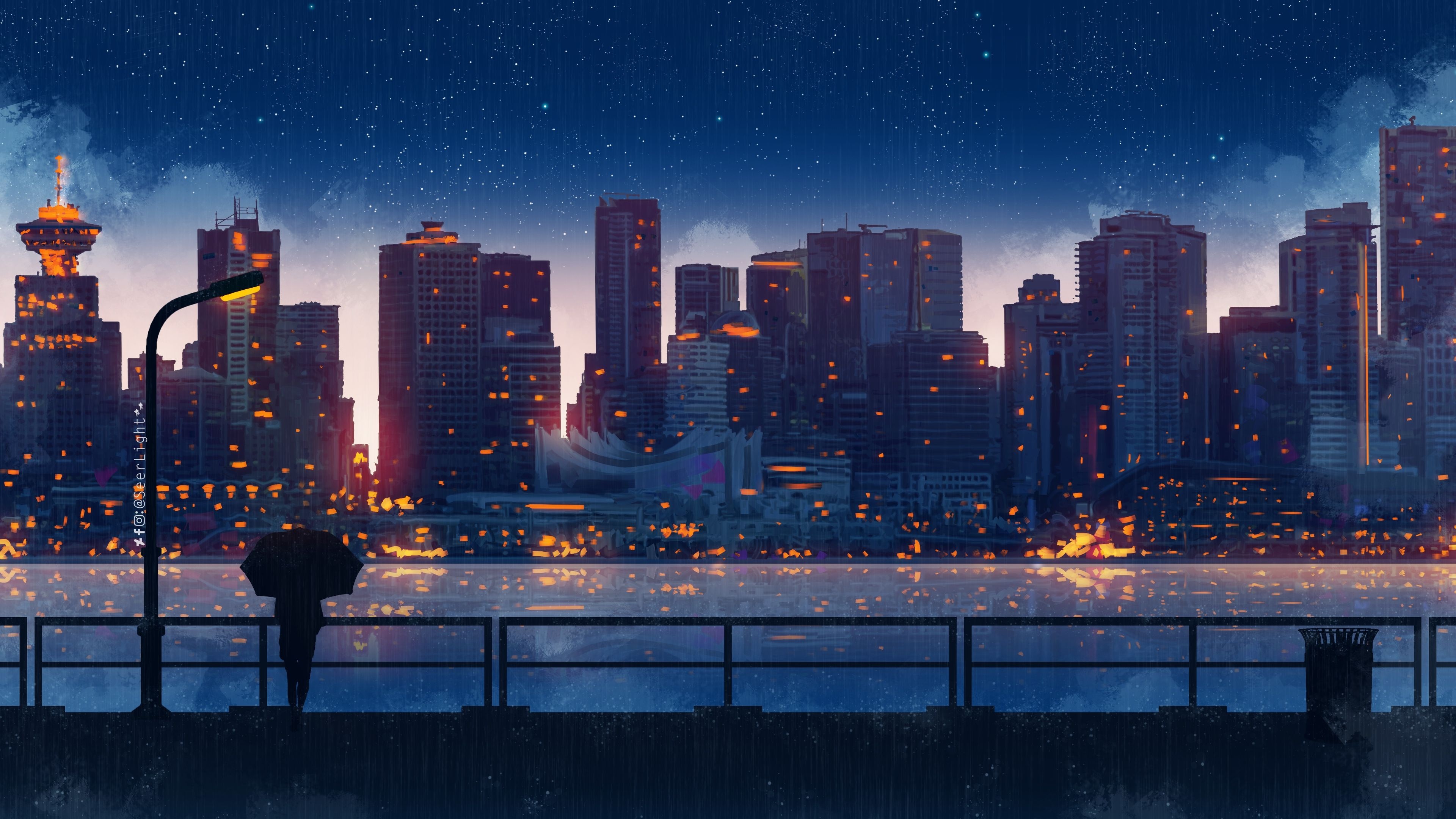 Cartoon Skyline, Rainy city, Anime wallpapers, 3840x2160 4K Desktop