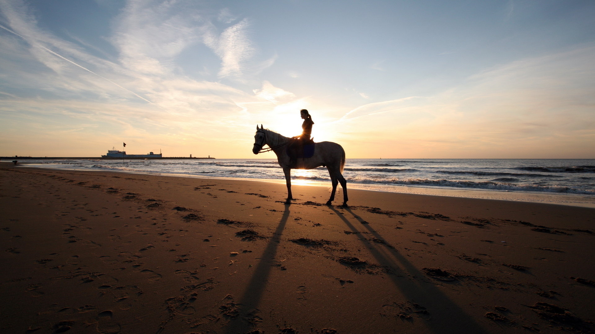 Equitation: Pleasure riding at the beach, The most popular recreational equestrian activity in the world. 1920x1080 Full HD Wallpaper.