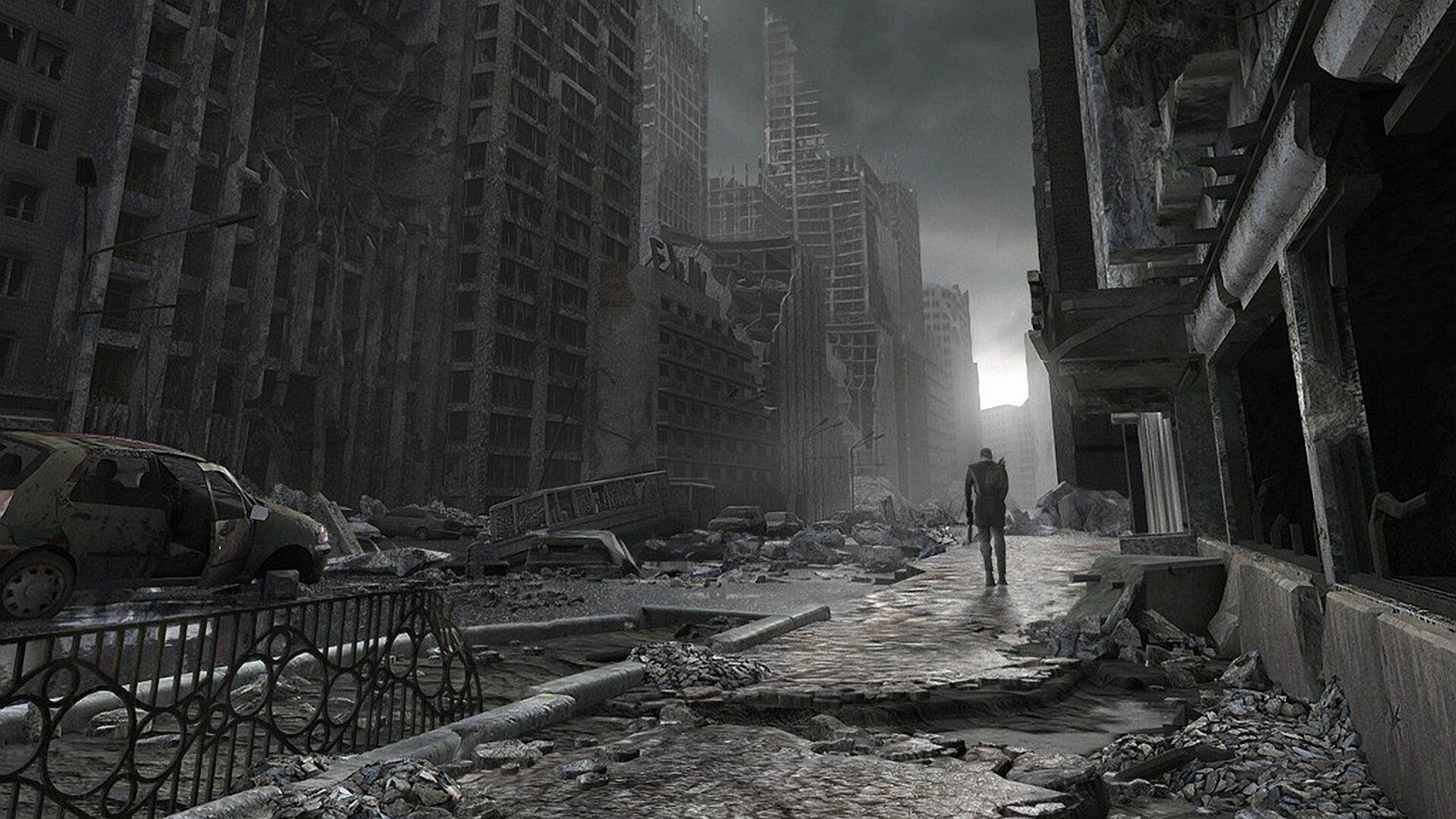 Post-apocalypse: Derelict building, Survivor struggling to stay alive. 1920x1080 Full HD Wallpaper.