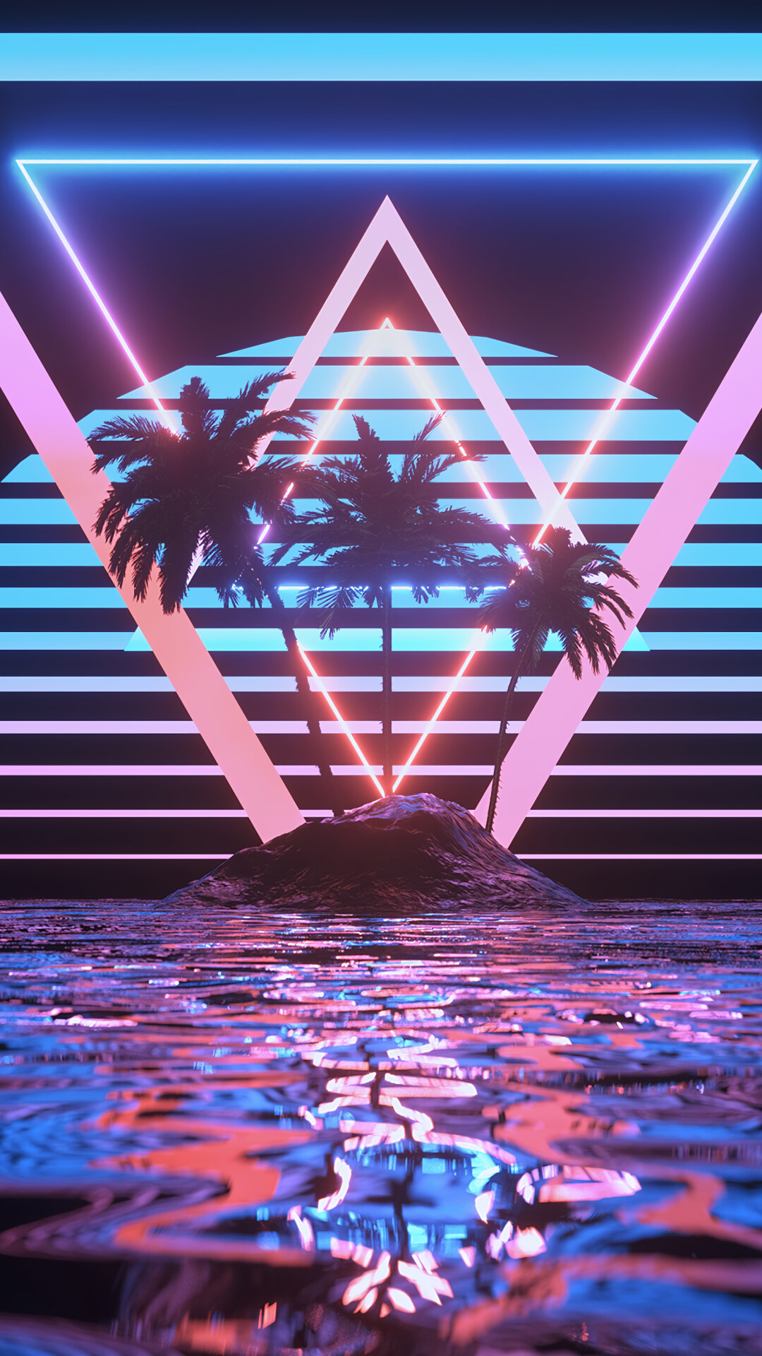 Triangle: Synthwave, Retrowave, Neon lights, Palms, Parallel lines. 1080x1920 Full HD Wallpaper.