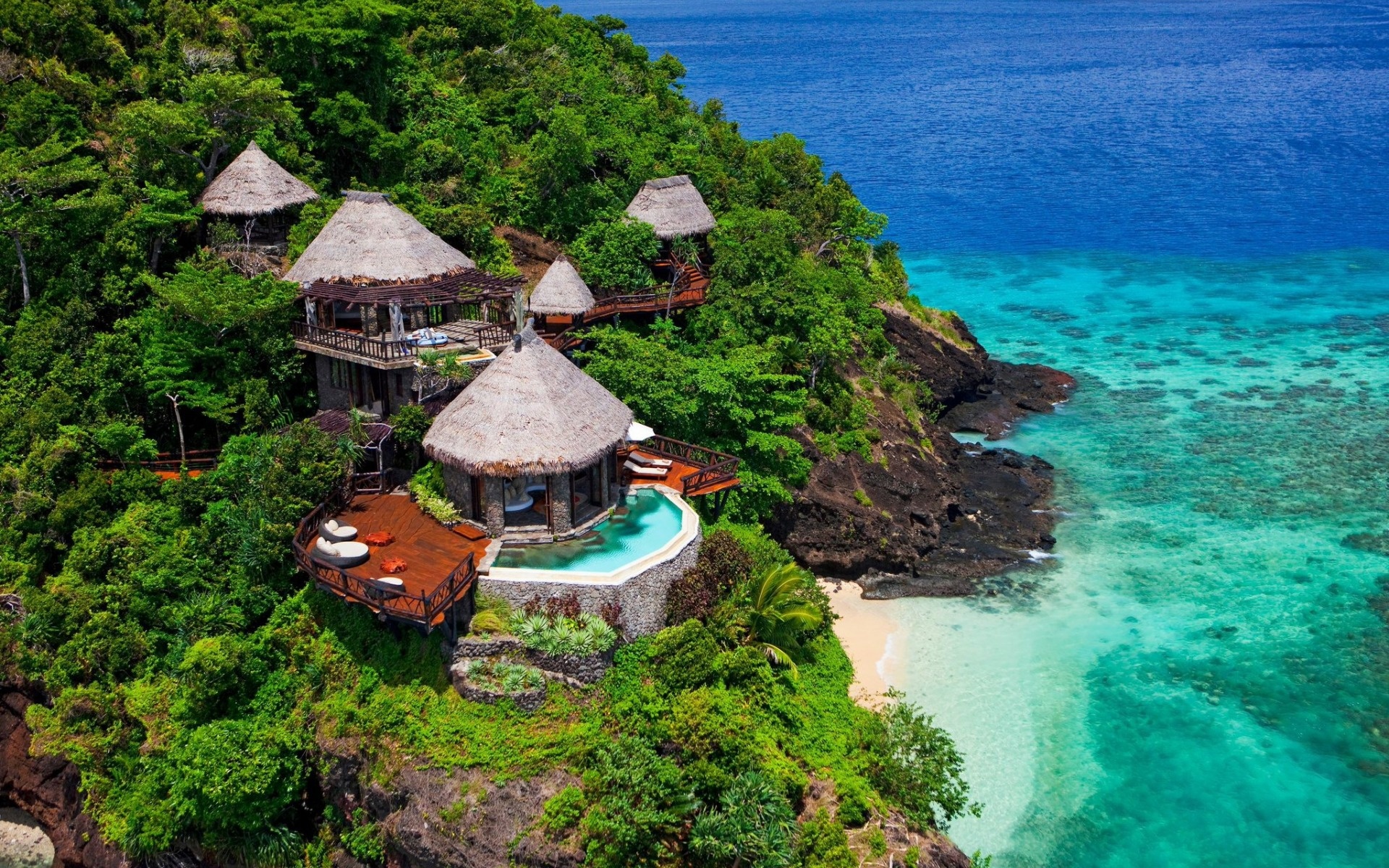 Tropical island paradise, Laucala Island resort, Palm-fringed beaches, Vacation paradise, 1920x1200 HD Desktop
