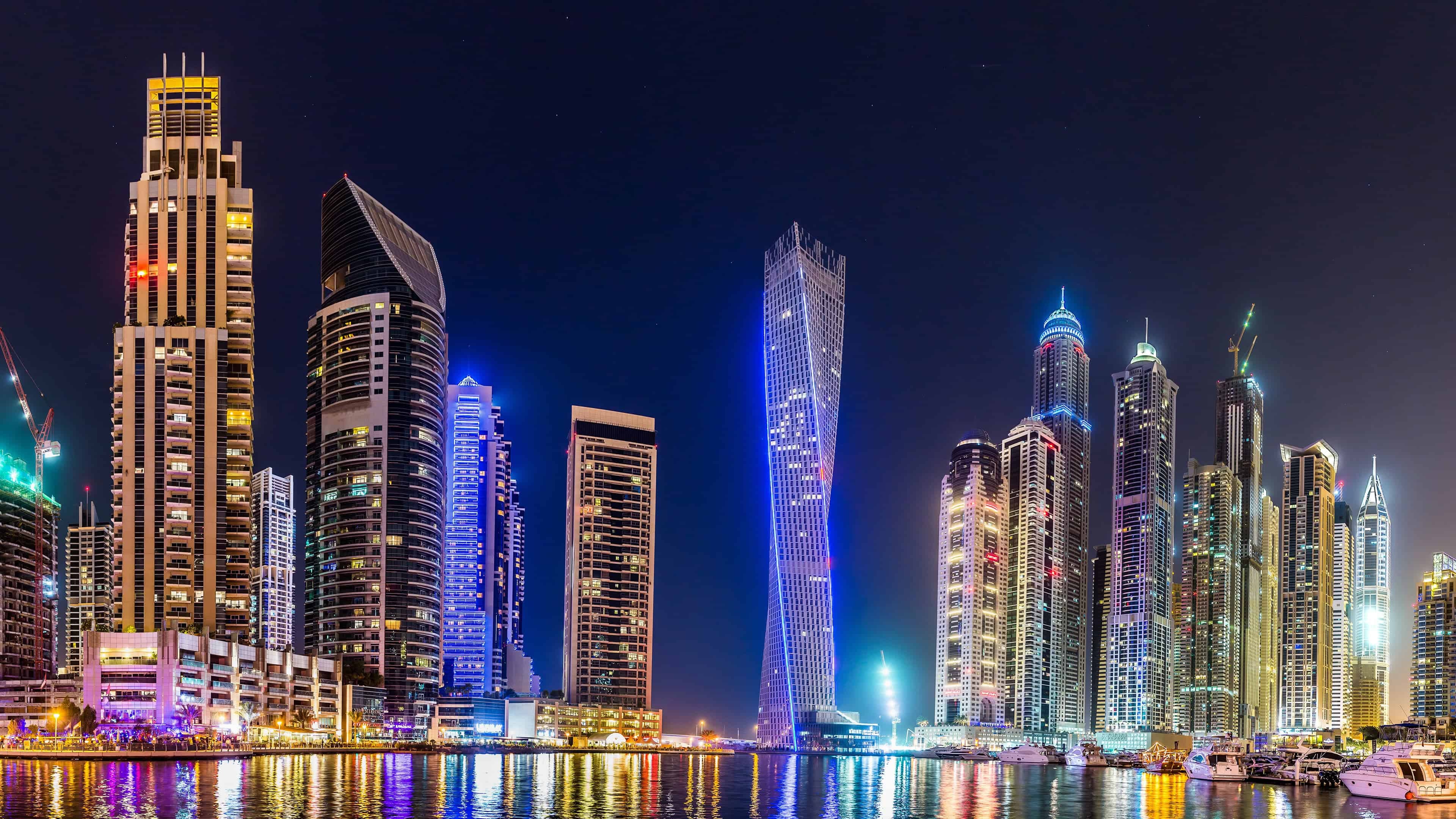 Dubai skyline, Night view, Top-rated wallpapers, Illuminated cityscape, 3840x2160 4K Desktop