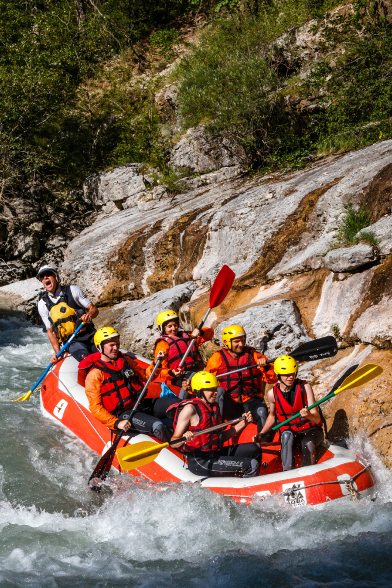Rafting: A moment of small drop during the whitewater boating. 1280x1920 HD Background.