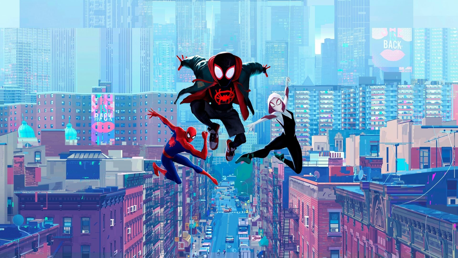 Spider-Man: Into the Spider-Verse: The introductions sequences of Gwen Stacy, Peter Parker and Peter B. Parker include artwork from actual comic books. 1920x1080 Full HD Wallpaper.