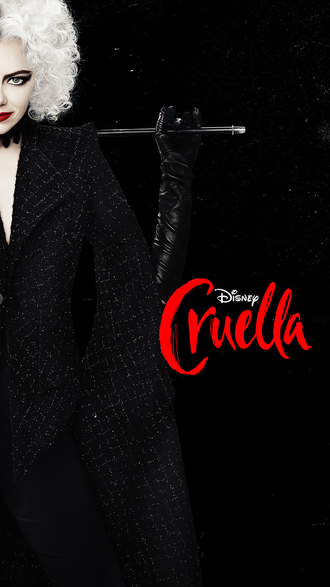 Cruella (2021): A Disney live-action movie inspired by an earlier Disney animated classic — in this case, One Hundred and One Dalmatians. 1080x1920 Full HD Background.