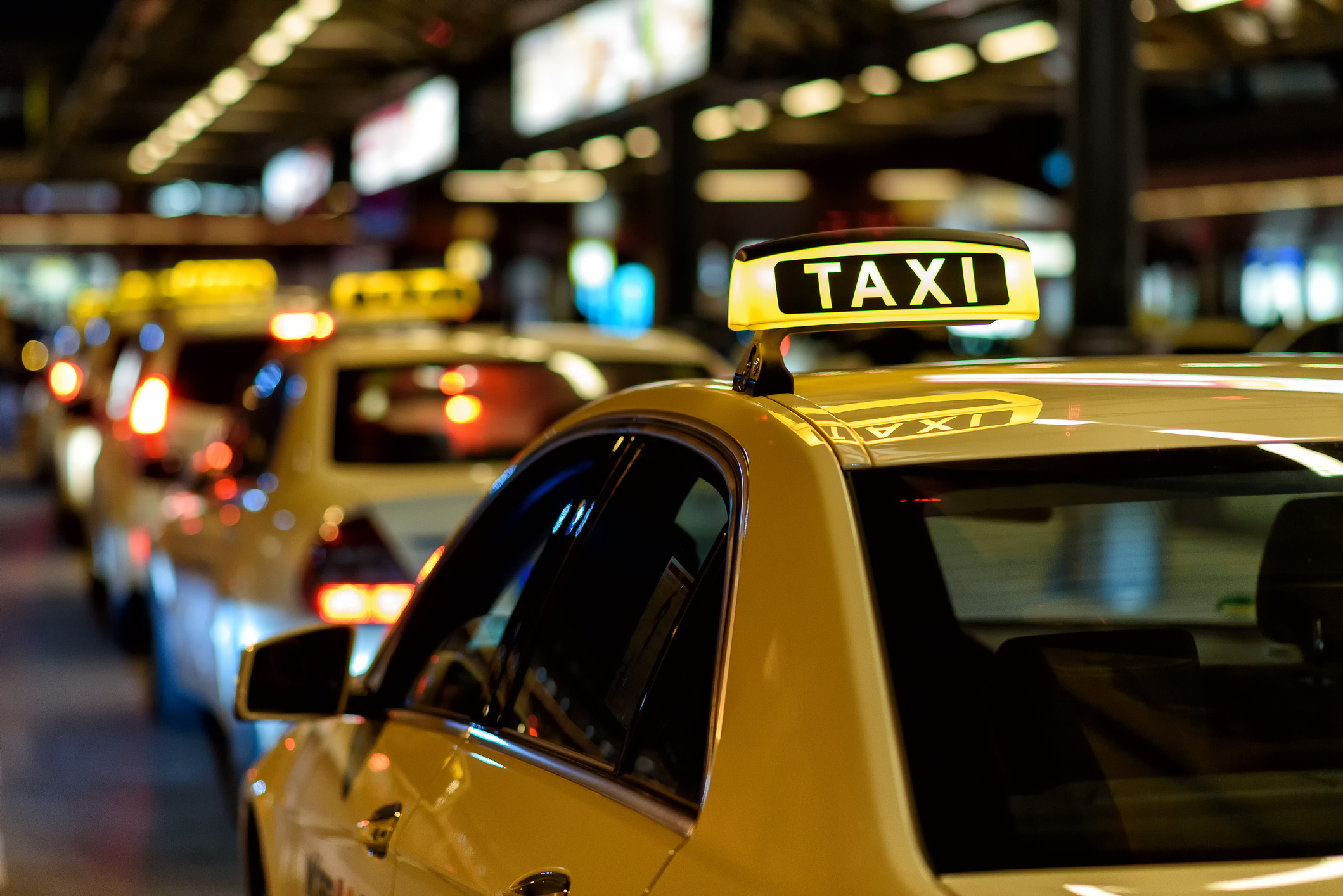 Taxi: Taxicabs, Taking passengers to and from their destinations, Bokeh effect. 2120x1420 HD Background.