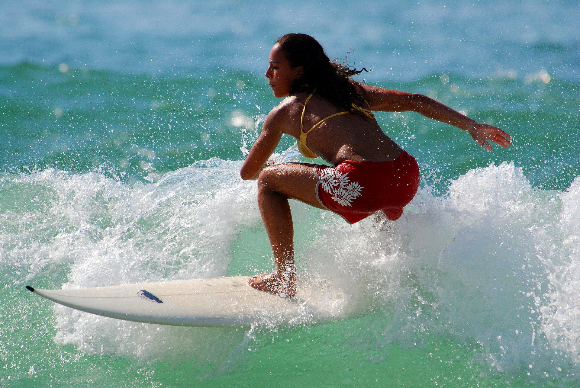 Girl Surfing: Big-wave contest, Short boarding tricks performance, Female athlete. 1920x1290 HD Wallpaper.