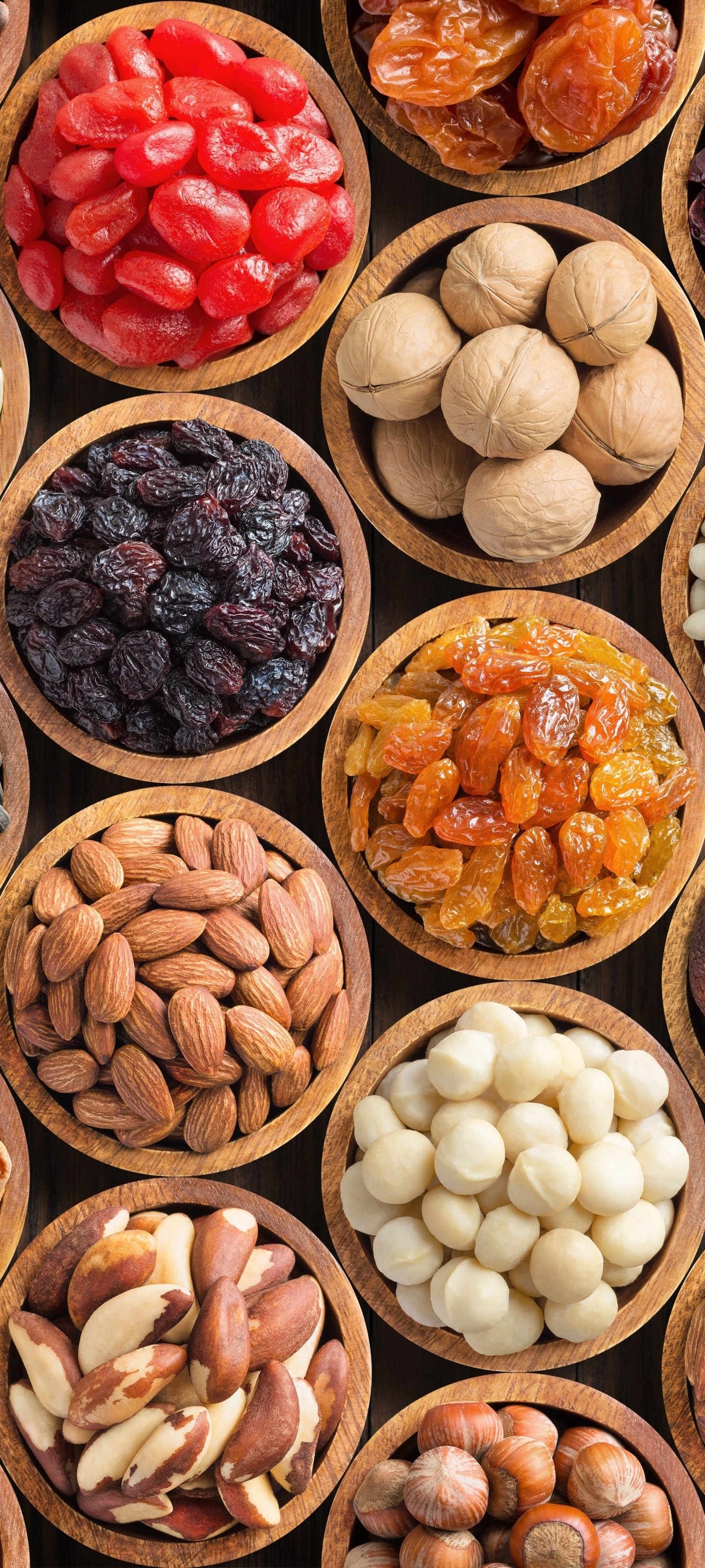 Dried Fruits: Almonds, Raisins, Cashews, Dates, Prunes, Preserved by being dehydrated. 1440x3200 HD Wallpaper.