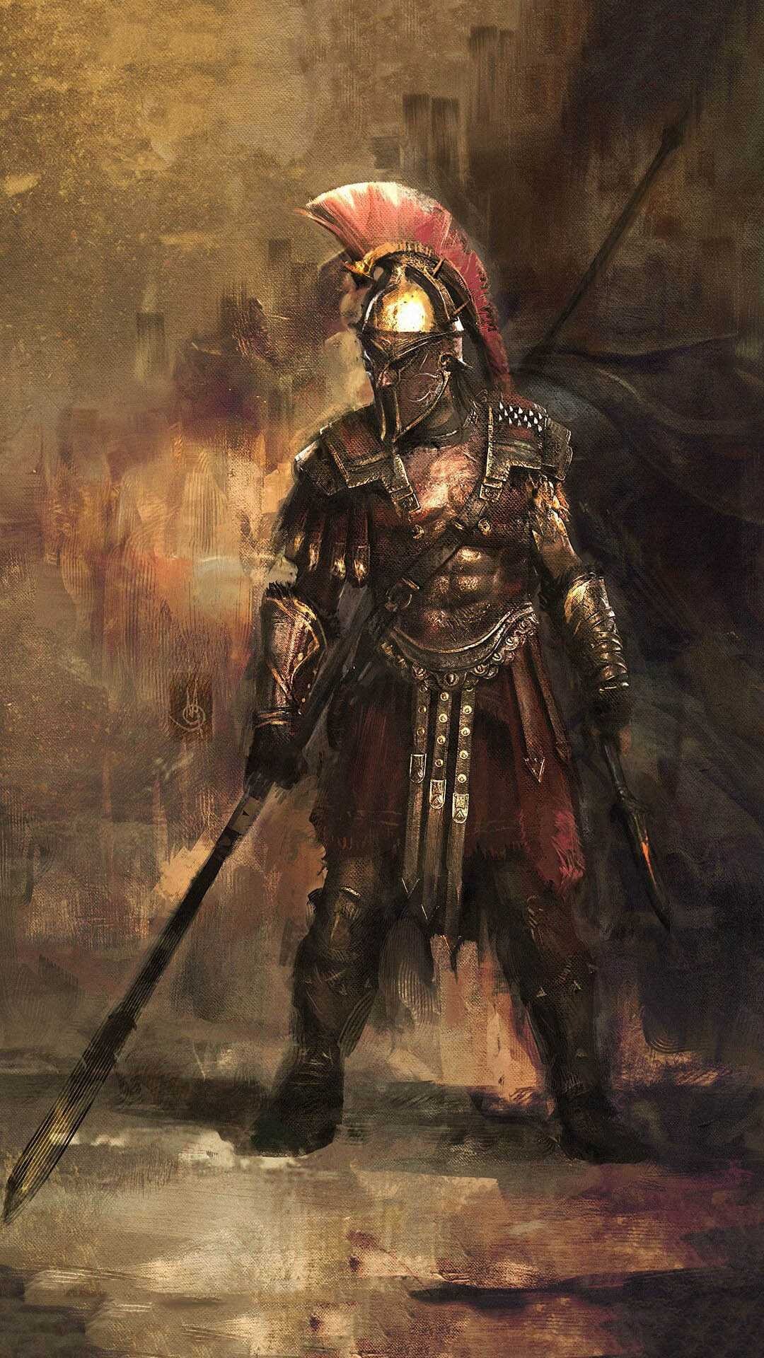 Sparta: A brave heavy Spartan warrior armed with long and short spears, Art, Ancient protective equipment. 1080x1920 Full HD Wallpaper.
