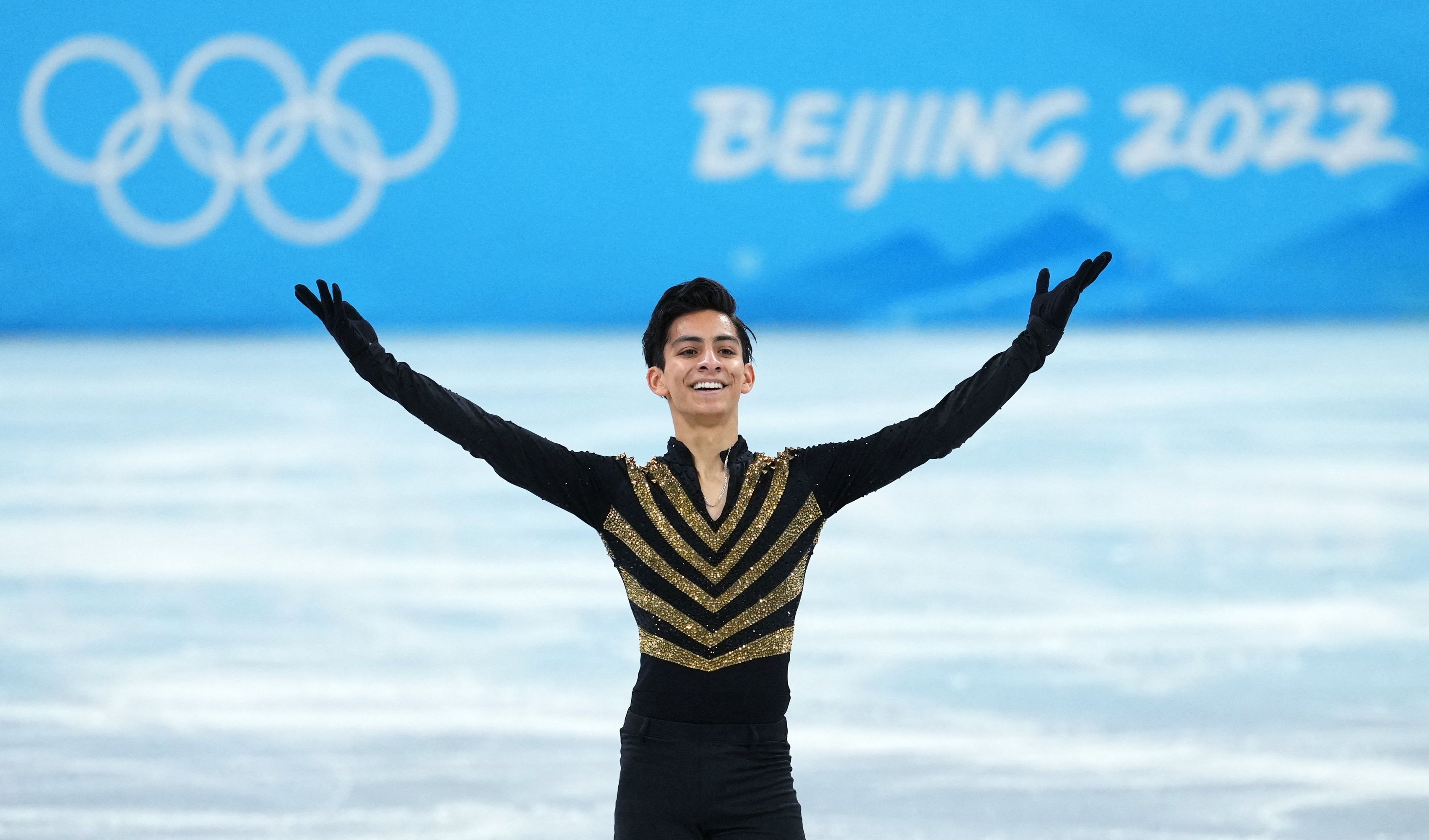 Single Skating: Donovan Carrillo, A Mexican figure skater, A four-time Mexican national champion, Beijing 2022 Olympian. 3410x2010 HD Background.