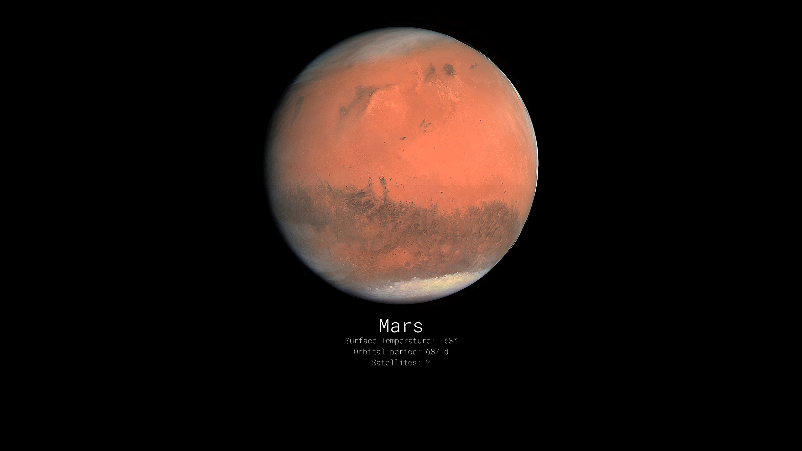 Mars: Orbital period: 687 days, Satellites: 2, Astronomical object. 2560x1440 HD Wallpaper.