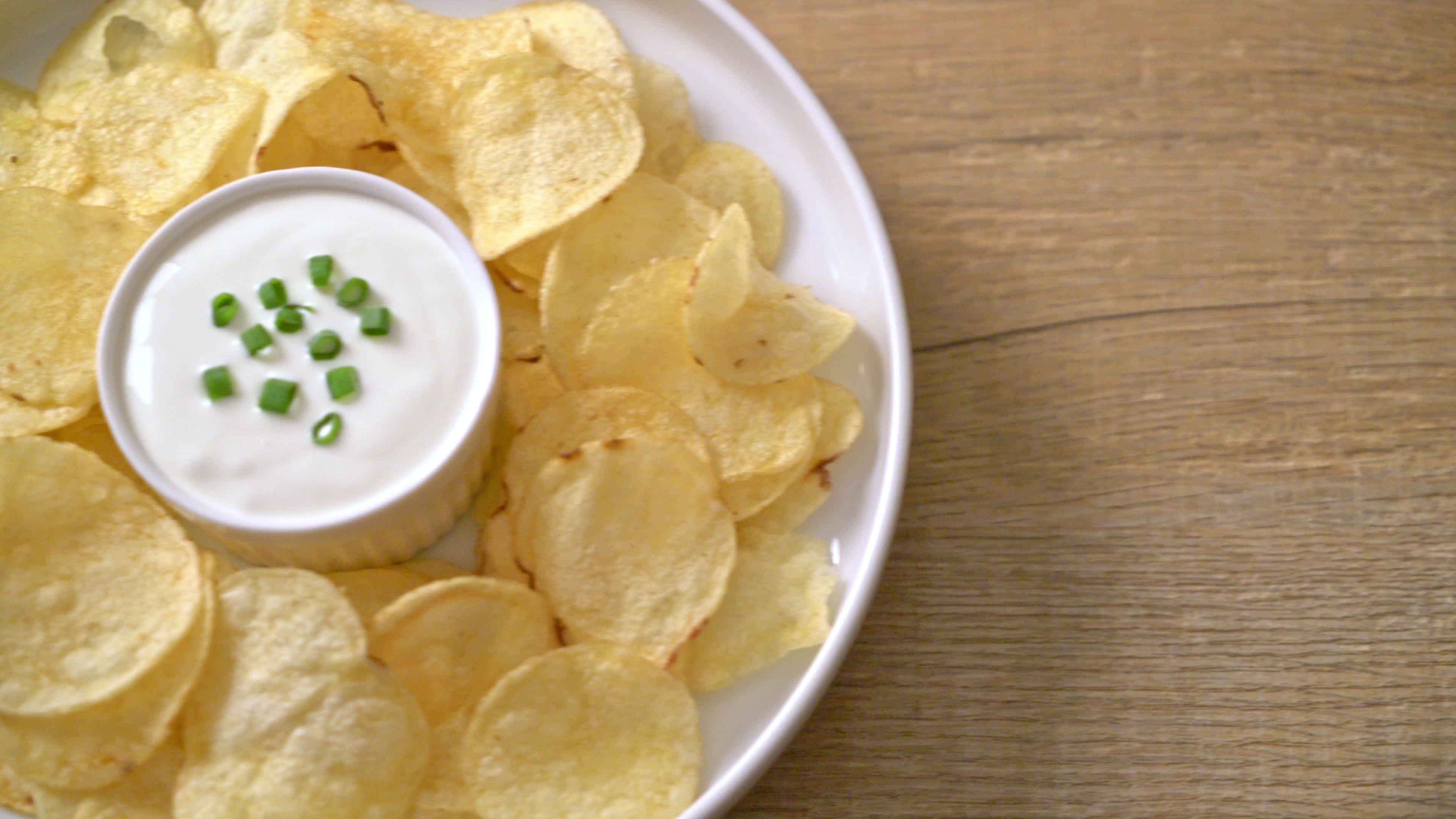 Potato chips, Sour cream dipping sauce, Amazing taste, Stock video, 3840x2160 4K Desktop