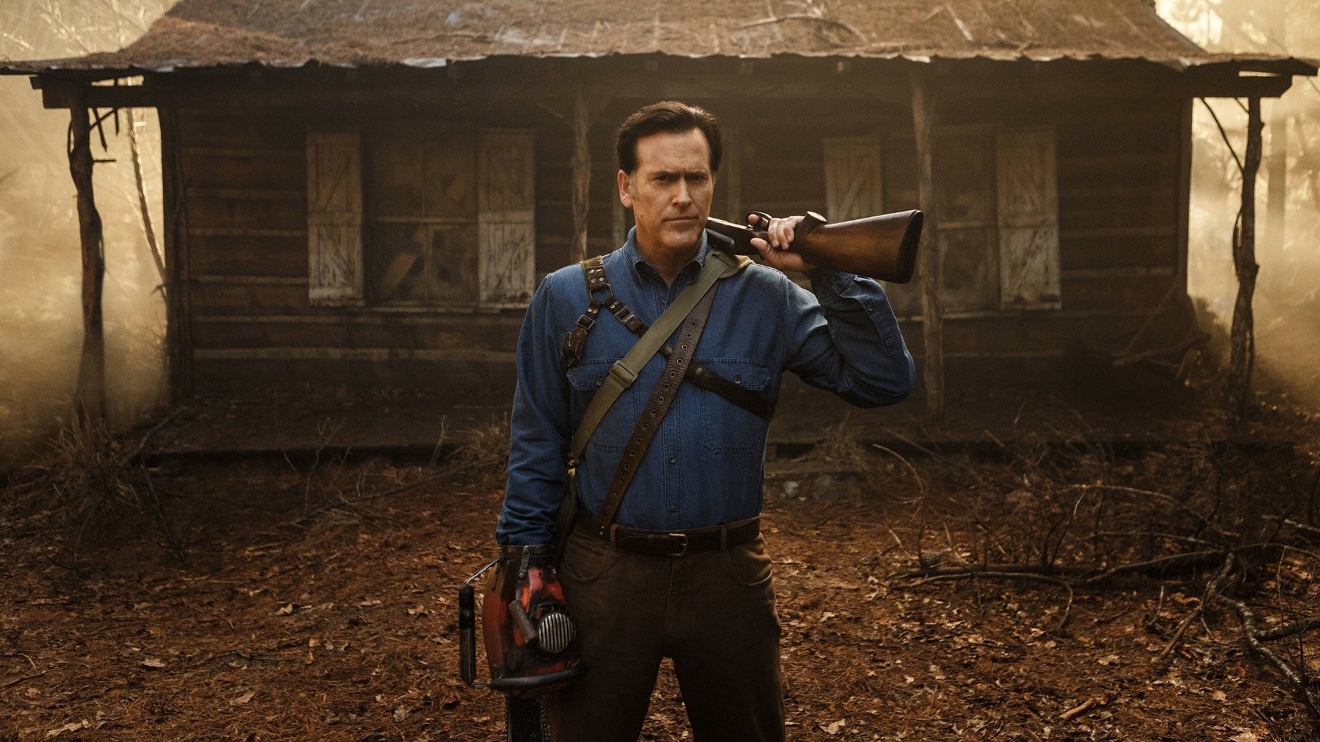 Bruce Campbell: Ash Williams, A character armed with a sawed-off shotgun and a chainsaw strapped to the stump on his right arm. 1920x1080 Full HD Wallpaper.
