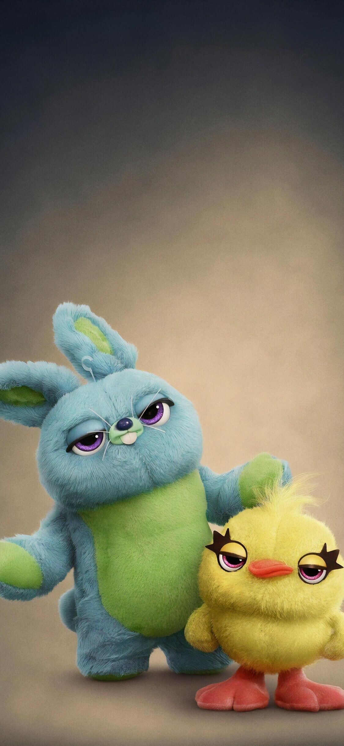 Toy Story: Ducky, a stuffed duck and Bunny, a blue and green stuffed bunny. 1130x2440 HD Wallpaper.