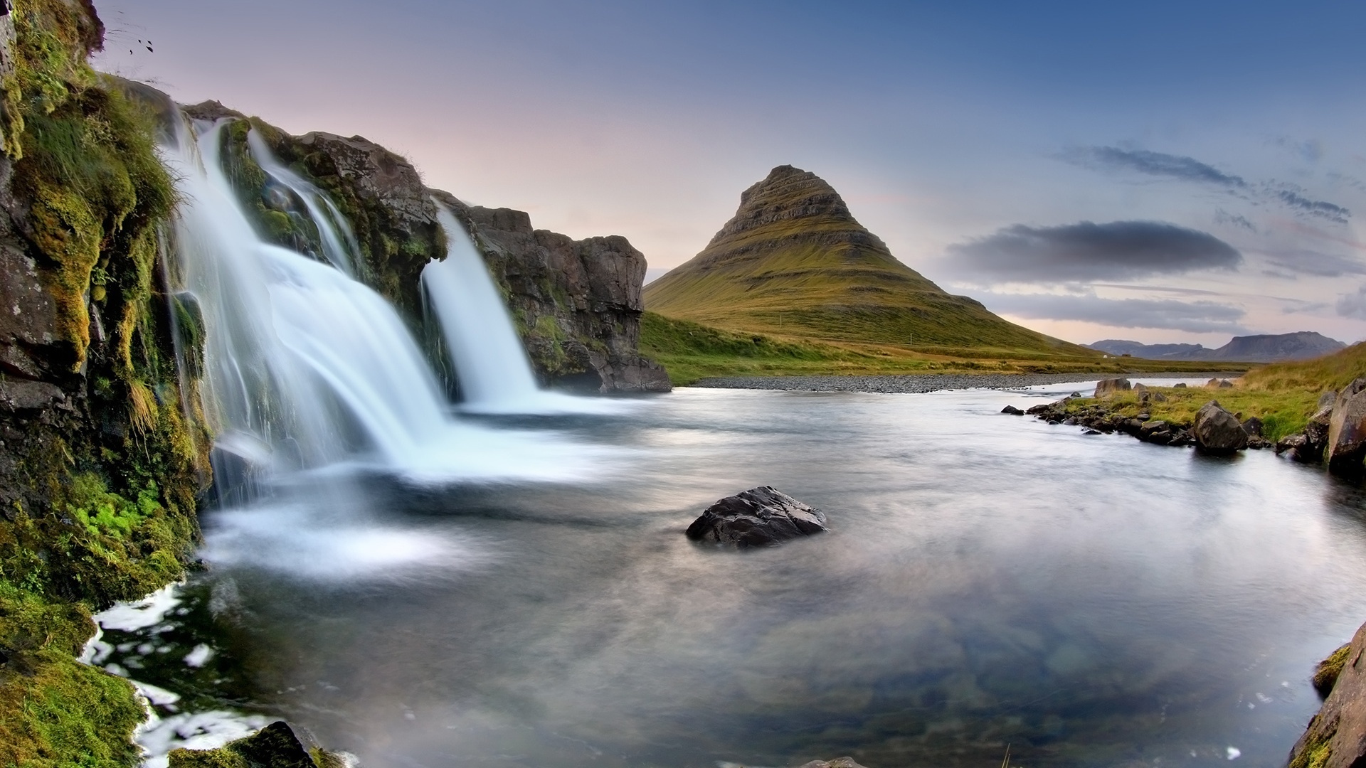Kirkjufell landscape, Iceland nature, Majestic waterfall, Stunning wallpapers, 1920x1080 Full HD Desktop