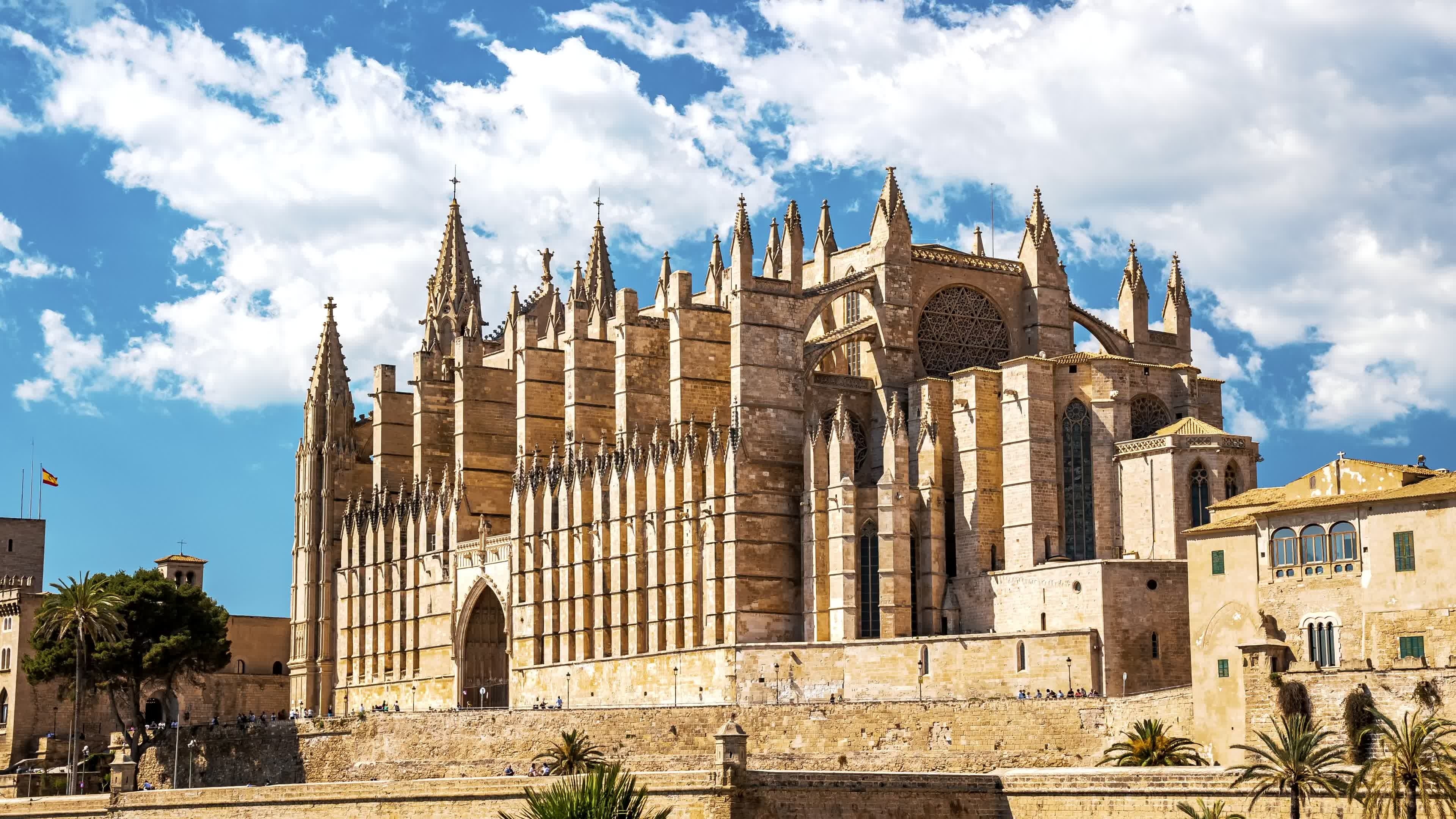 Cathedral: La Seu, The Gothic medieval church of Santa Maria of Palma in Spain. 3840x2160 4K Background.
