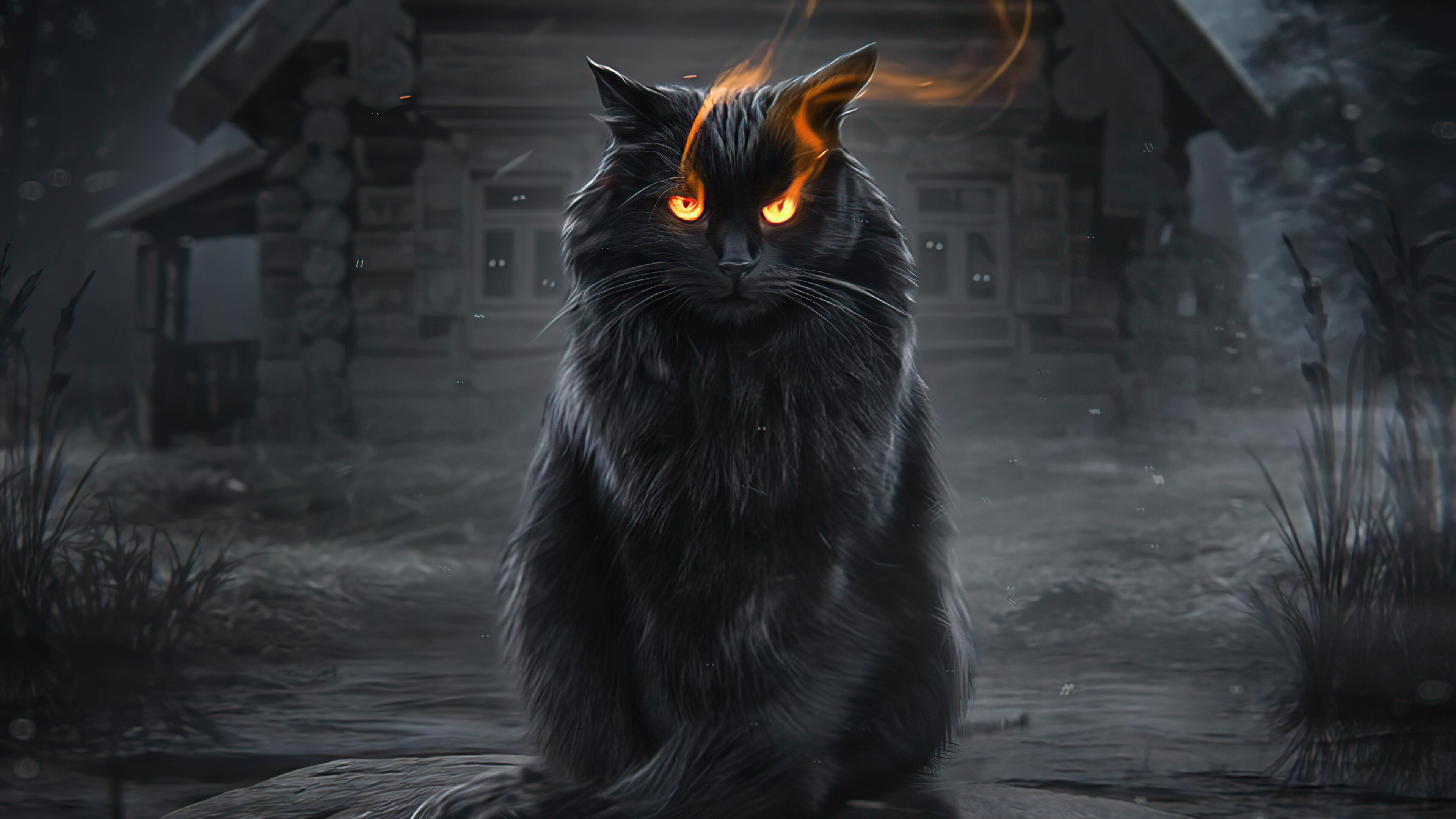 Black cat with fire eyes, Fantasy allure, Mystical creature, Captivating gaze, 3840x2160 4K Desktop