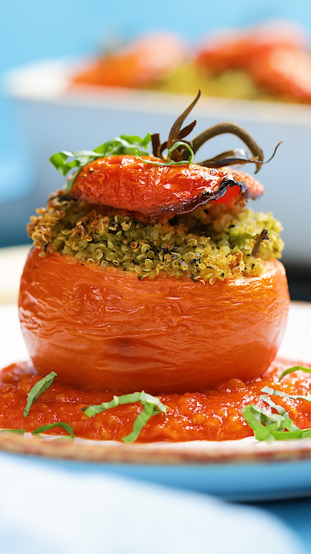Pesto quinoa stuffed tomatoes, Mouth-watering dish, Creative recipe, Bursting with flavors, 1080x1920 Full HD Phone