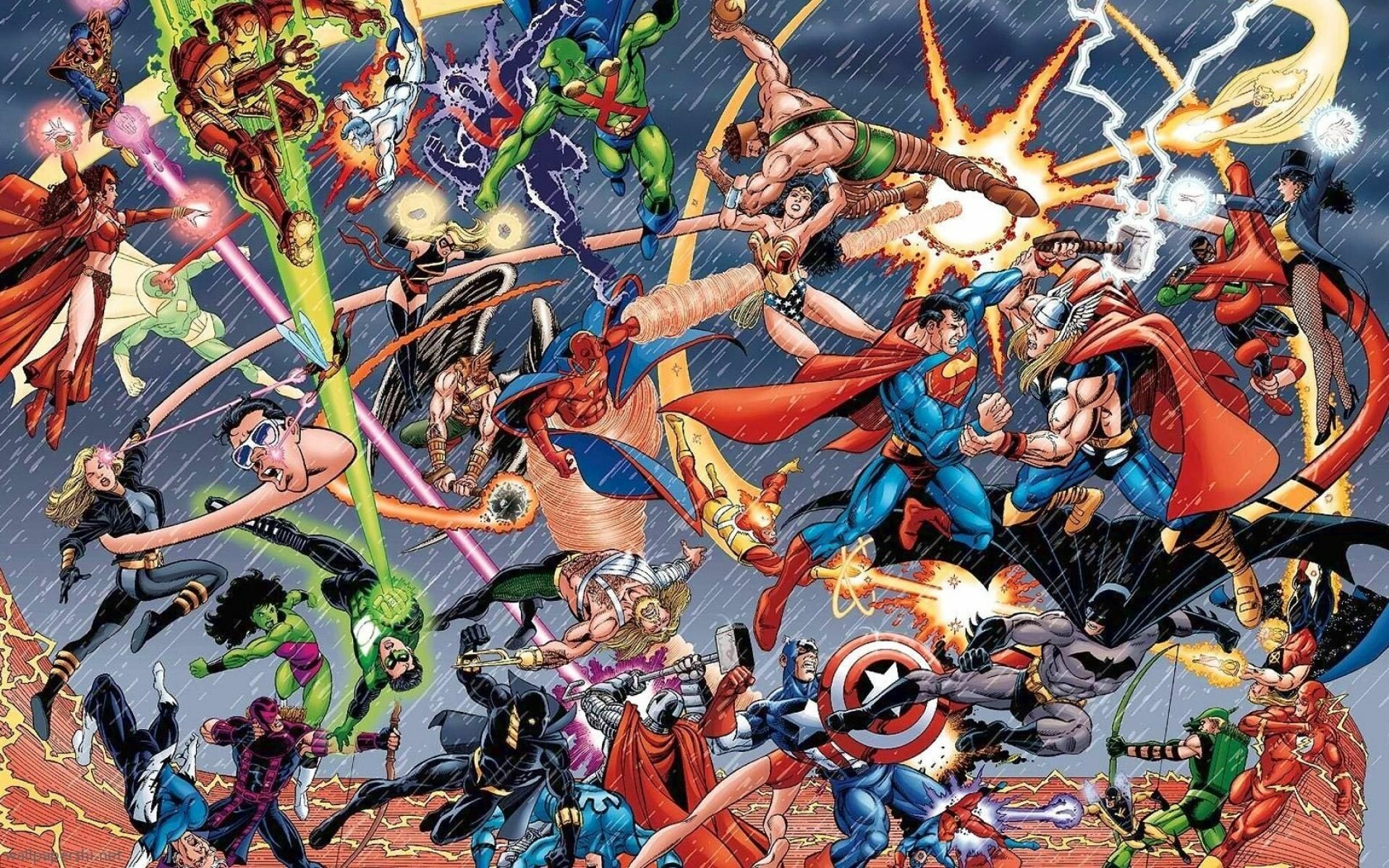 DC vs. Marvel: Batman, Superman, Spider-Man, Captain America, Iron Man, Thor, Scarlet Witch, Wonder Woman. 1920x1200 HD Background.