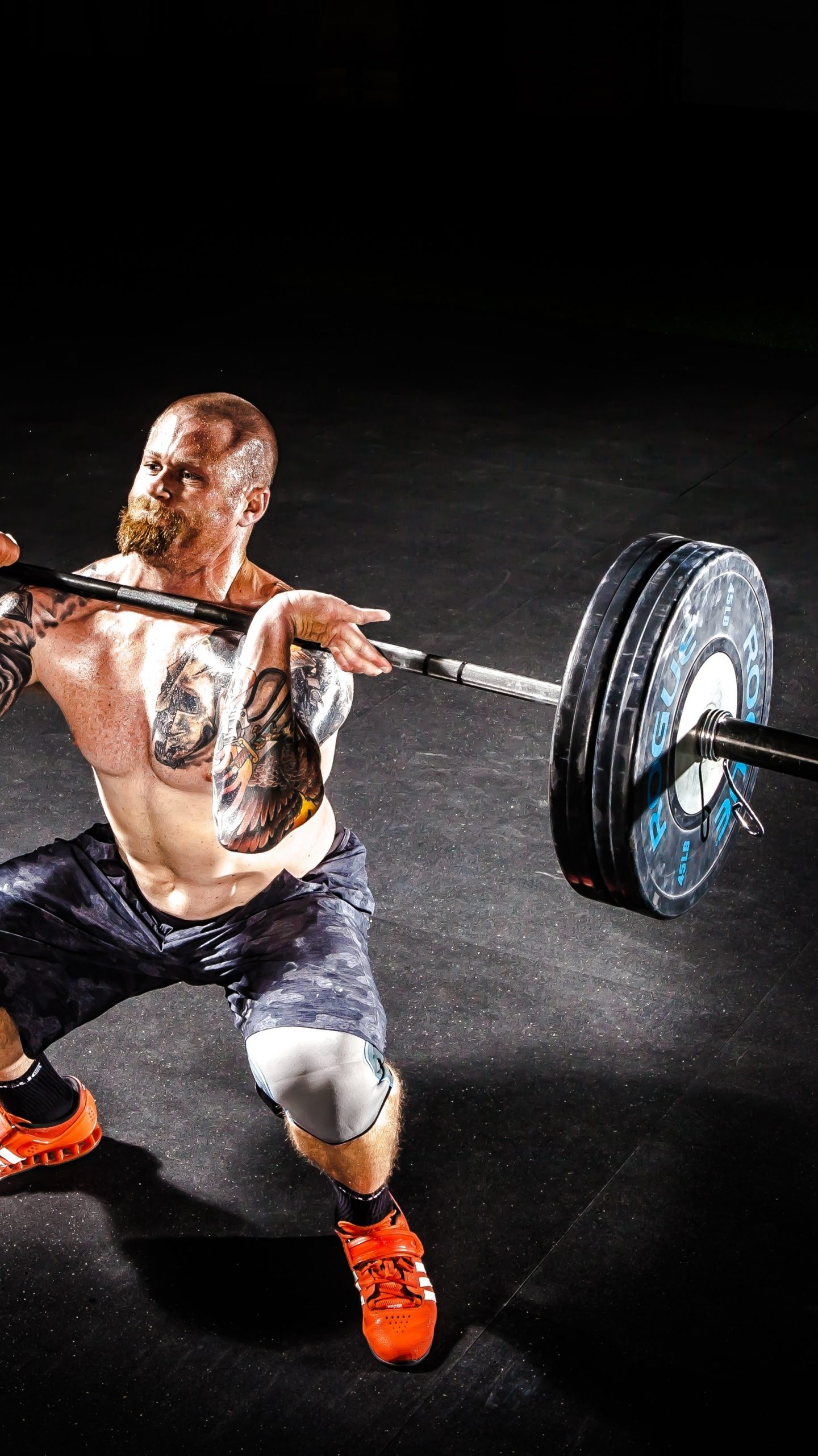 CrossFit: Barbell front squat, A 30-rep circuit, Weightlifting, Feet shoulder-width apart. 1440x2560 HD Background.