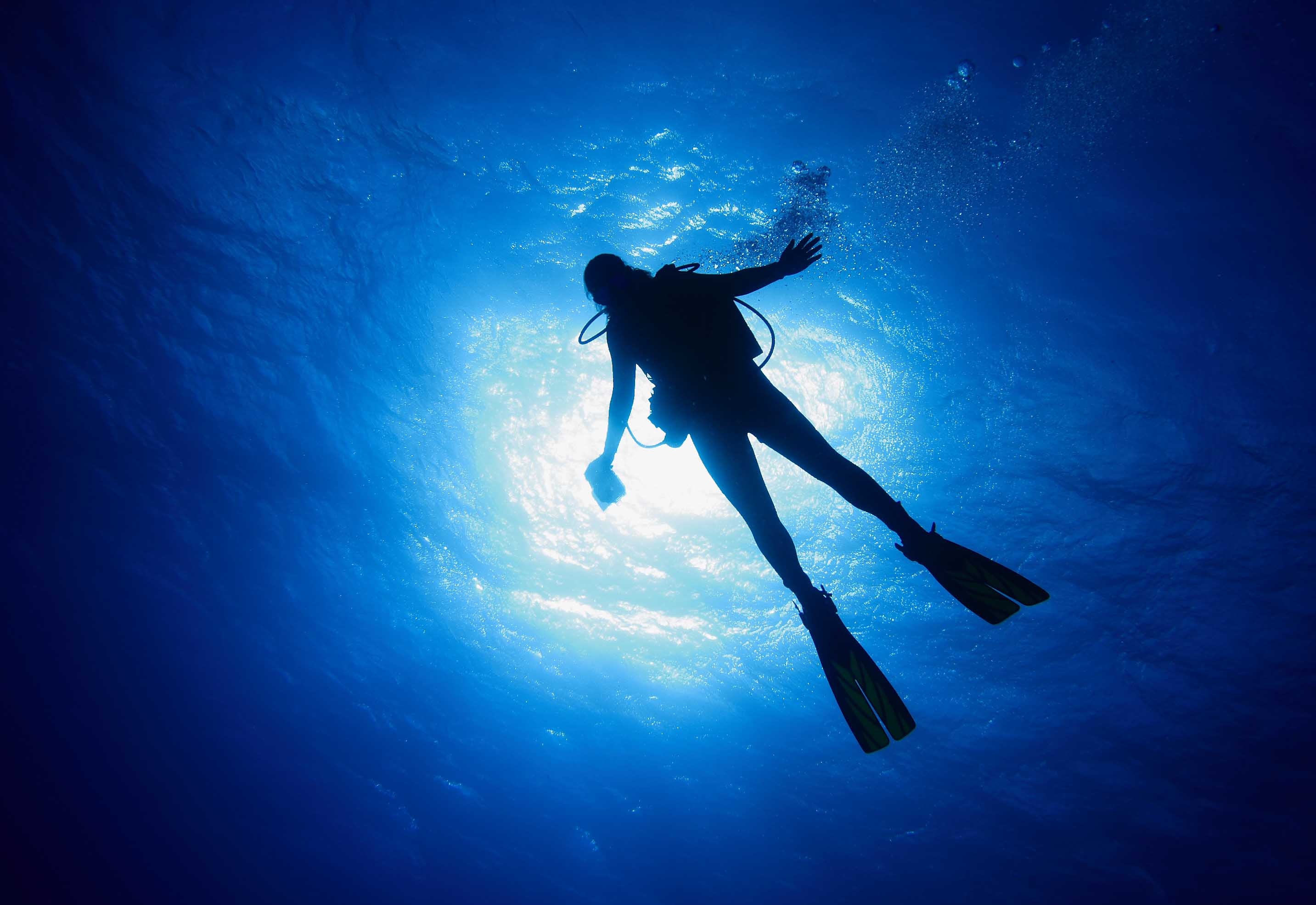 Diving: A diver equipped with a scuba set and flippers under the water surface. 2870x1980 HD Wallpaper.