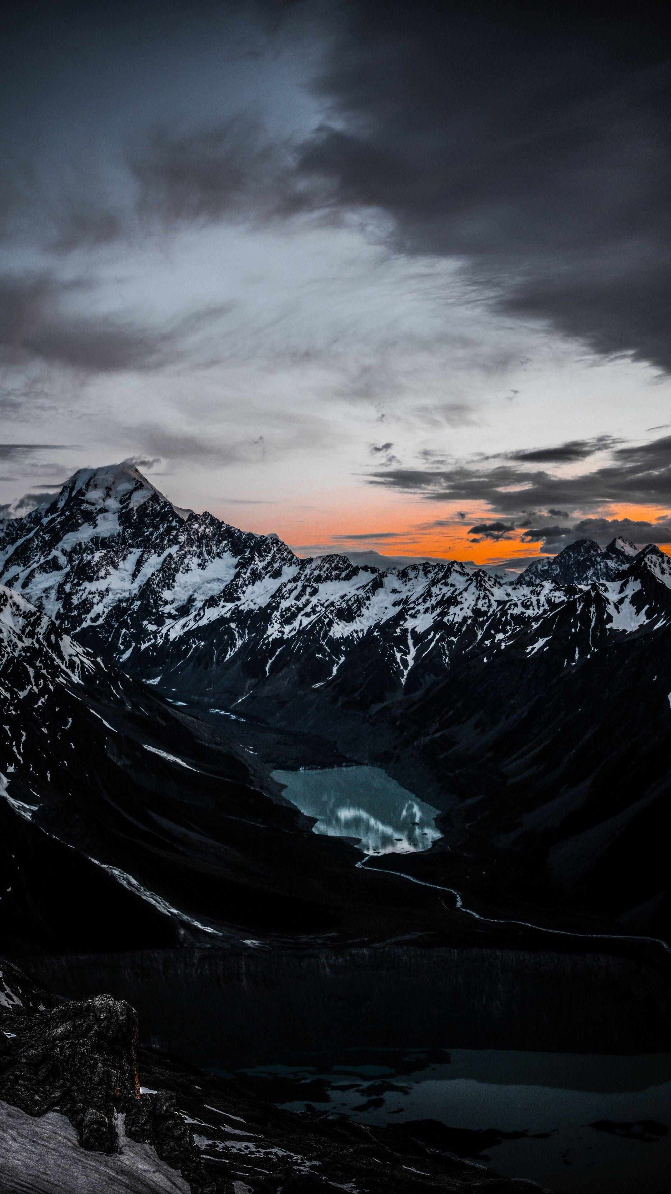 Geology: Sky, Mountains, Lake, Nature, River, Snowy peaks, Mount Cook National Park. 2160x3840 4K Background.