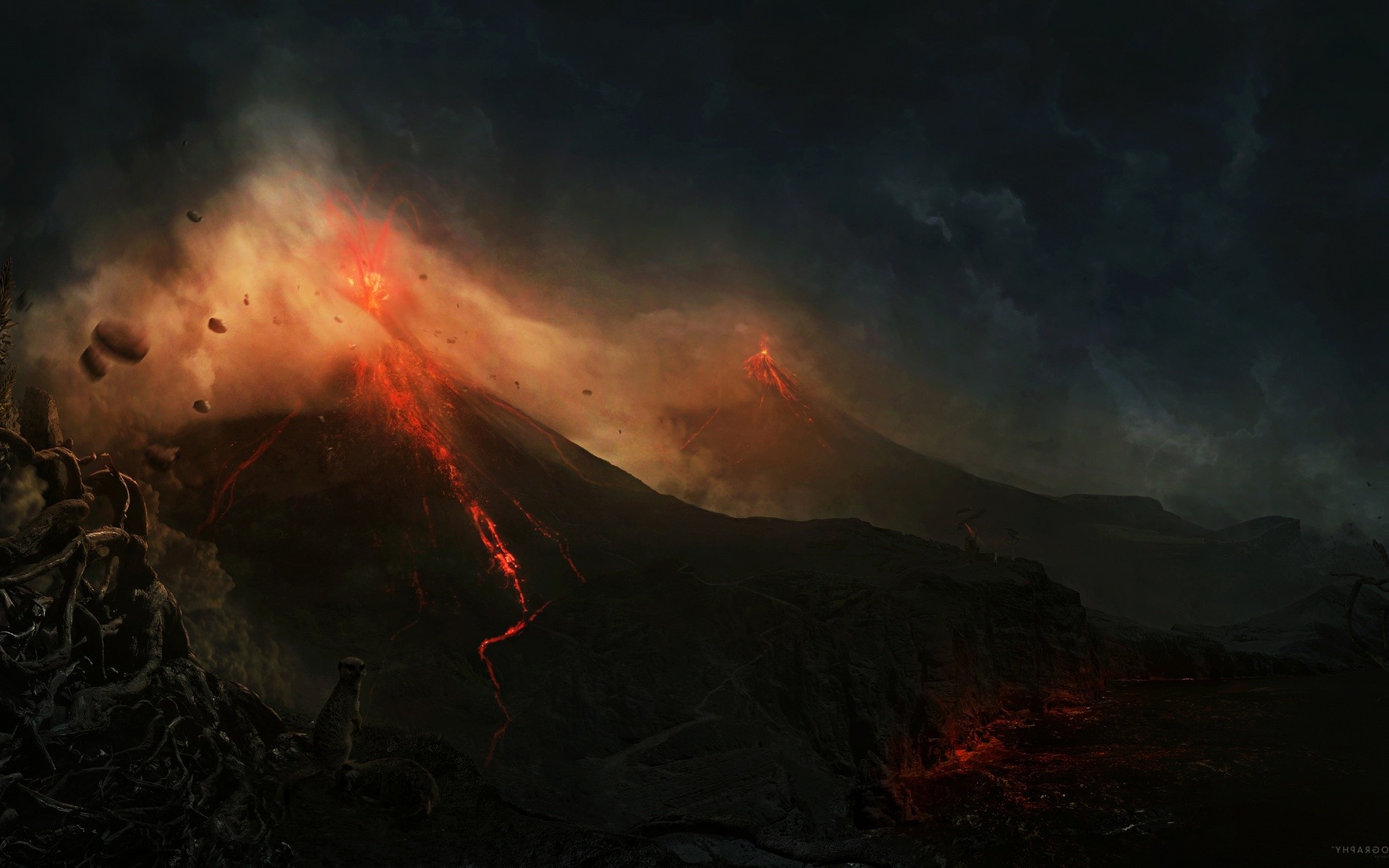 Digital art landscape, Sky artwork atmosphere, Wildfire mountain, Geological phenomenon, 1920x1200 HD Desktop